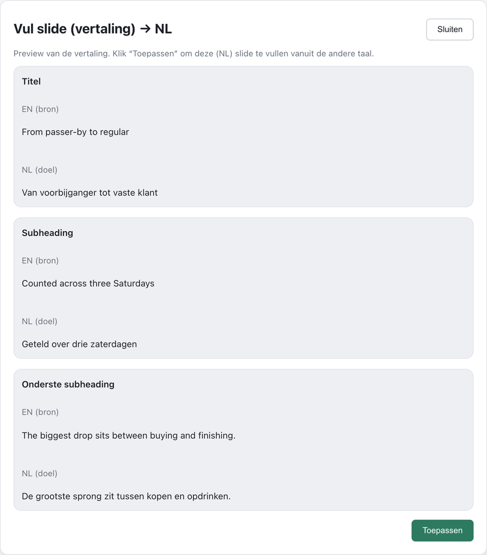 De vertaalvoorvertoning: elk gedeclareerd veld van de slide bij naam, met de brontekst en de vertaling die het model voorstelt naast elkaar.