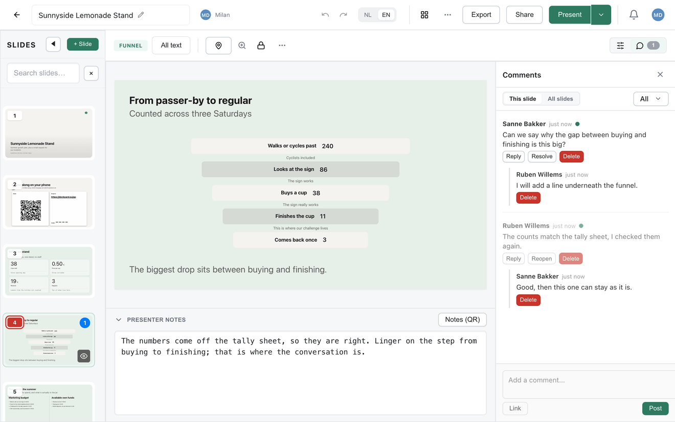 The comments panel open next to the slide preview, with one open thread and one resolved thread.