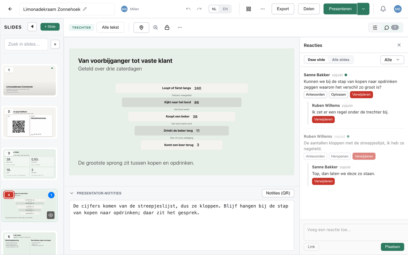 Het reactiepaneel open naast de slidevoorvertoning, met één open draadje en één afgehandeld draadje.