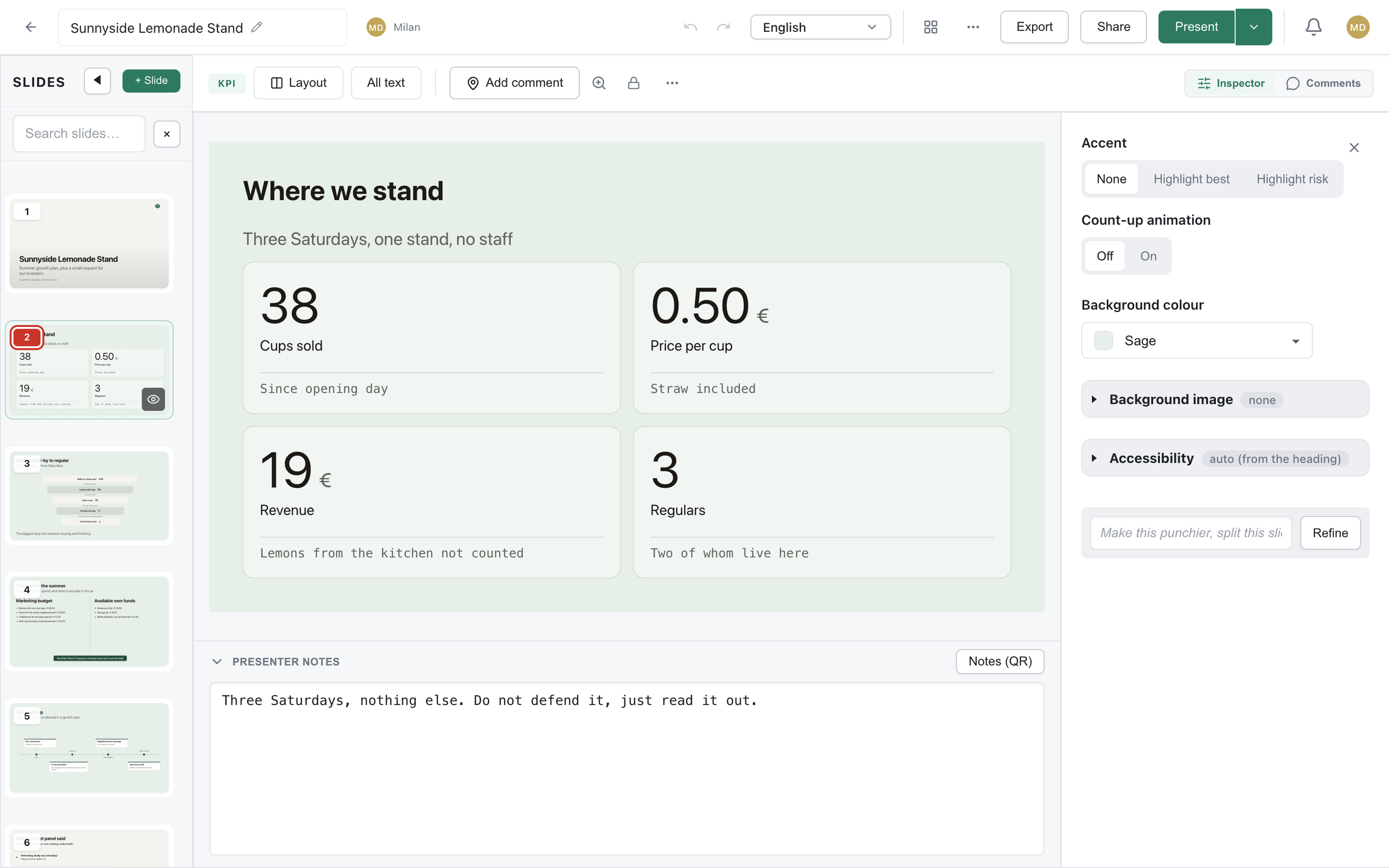 The Deckyard editor with a metrics slide on the canvas, slide thumbnails on the left and layout controls on the right.