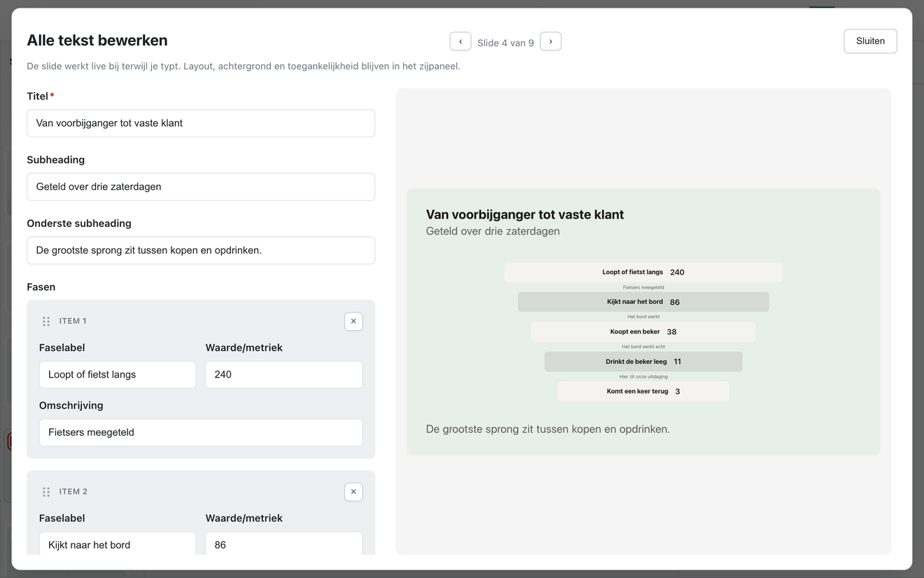 De Deckyard-editor met een funnelslide open: benoemde velden links, de gerenderde slide rechts.