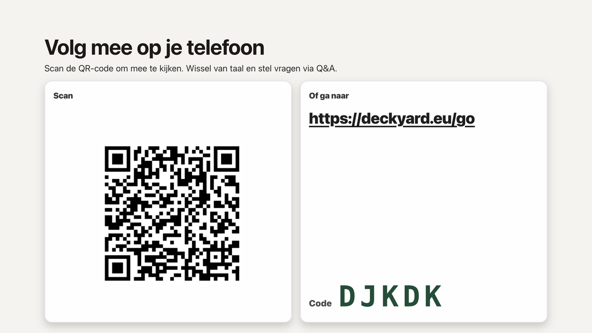 De uitnodigingsslide op het grote scherm: een QR-code naast het adres deckyard.eu/go en een toegangscode van vijf letters.