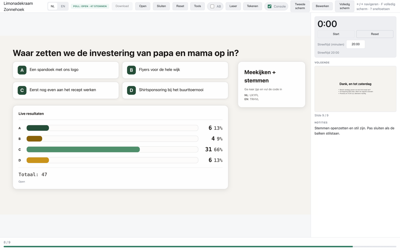 Presentatorweergave: de huidige slide, een klok met streeftijd van 20 minuten, de volgende slide als miniatuur en de sprekersnotities bij deze slide.