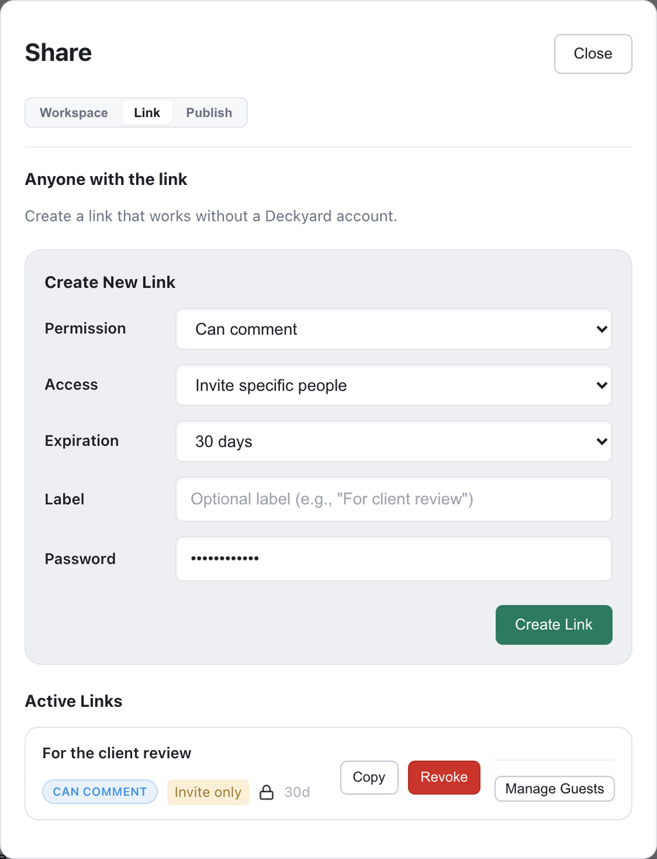 The share dialog for a link: permission, access, expiry and password set, with the resulting invite-only link listed below.