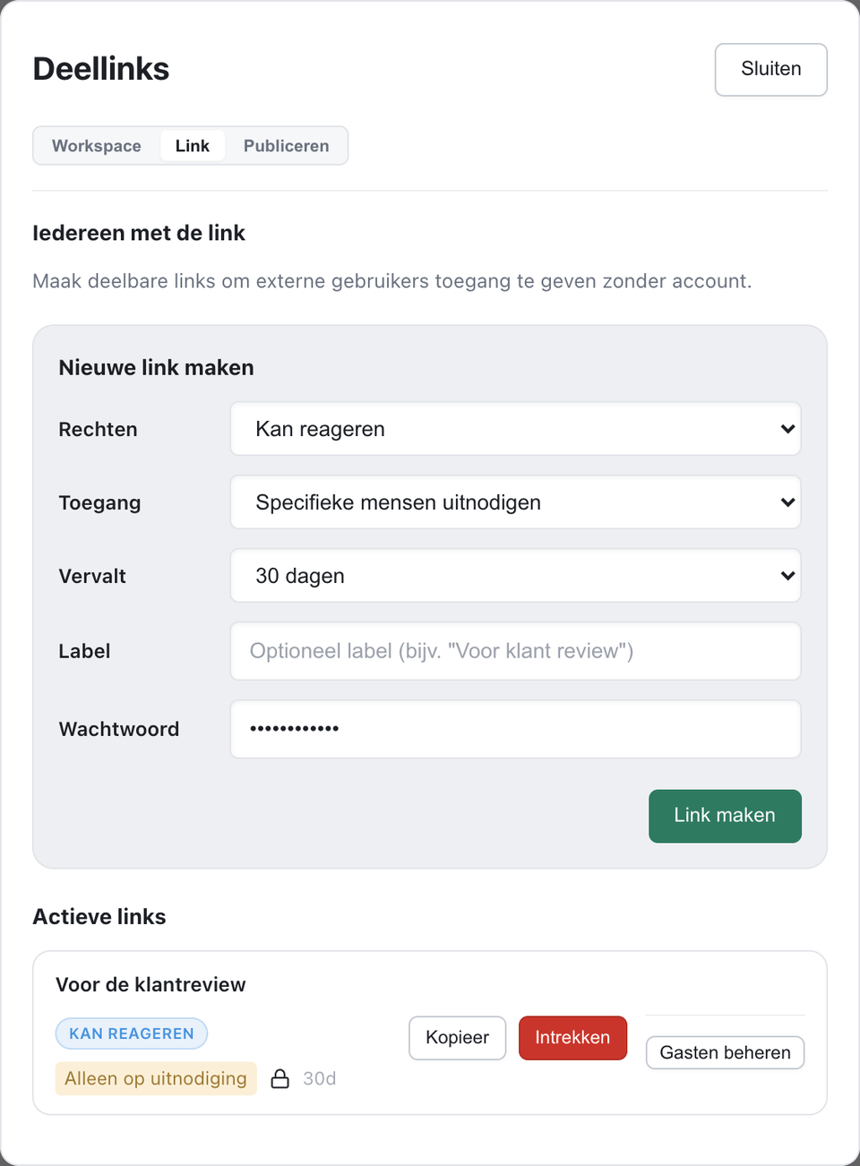Het deeldialoogvenster voor een link: rechten, toegang, vervaldatum en wachtwoord ingesteld, met daaronder de aangemaakte link op uitnodiging.