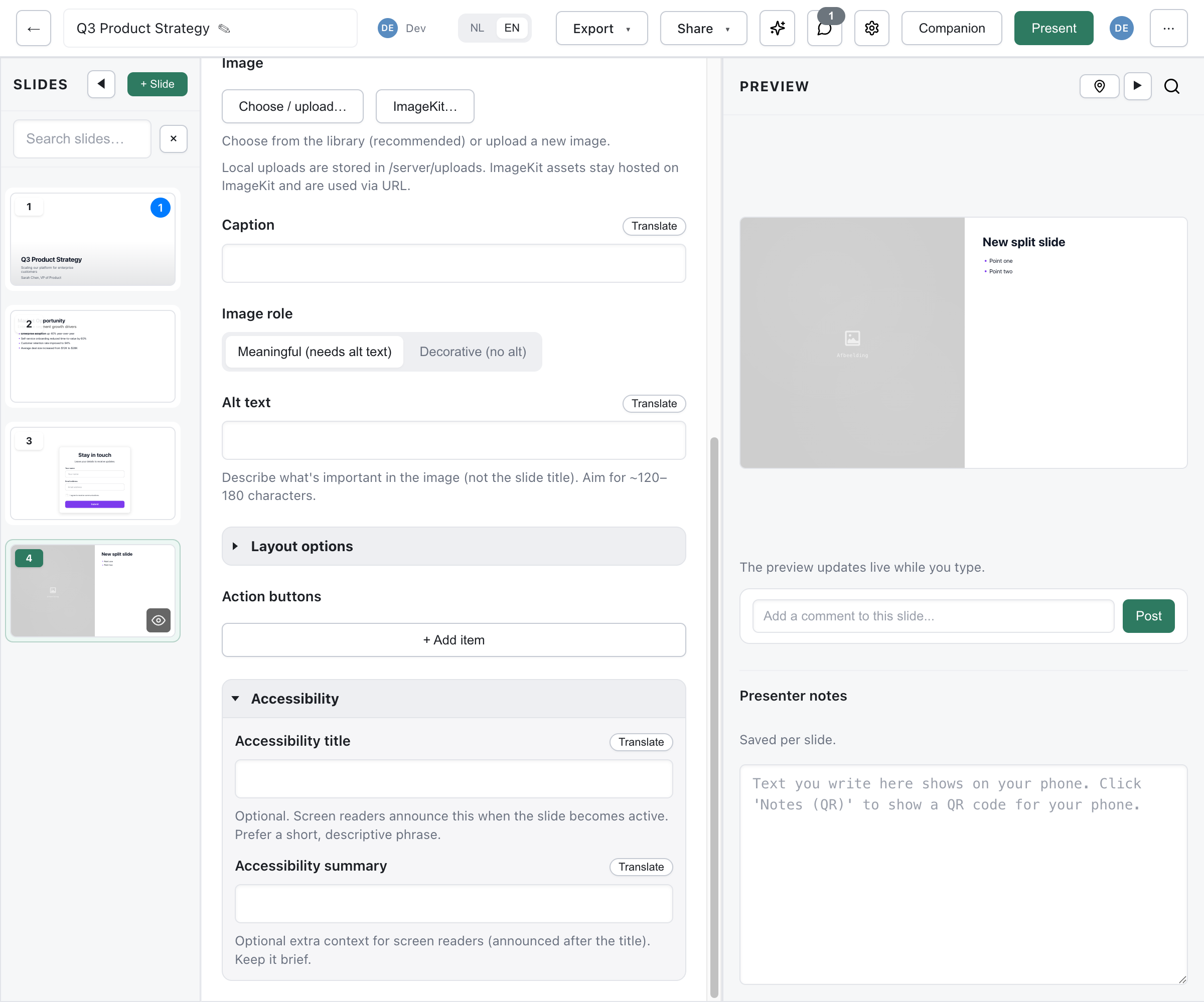 Slide editor showing Image role toggle between Meaningful and Decorative, Alt text field with guidance, and expanded Accessibility section with title and summary fields