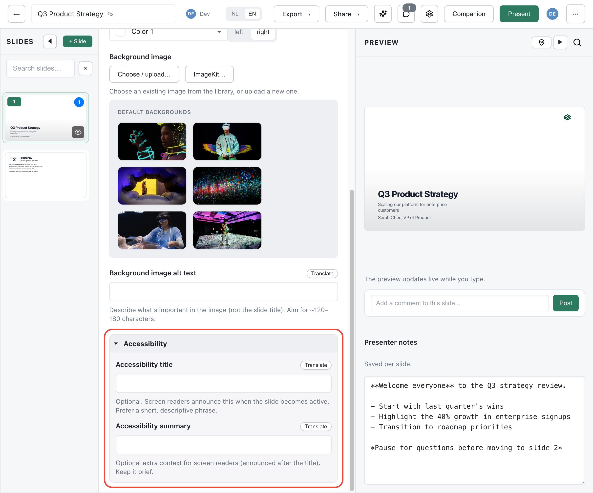 Editor showing the expanded Accessibility section at the bottom of the slide form with title and summary fields