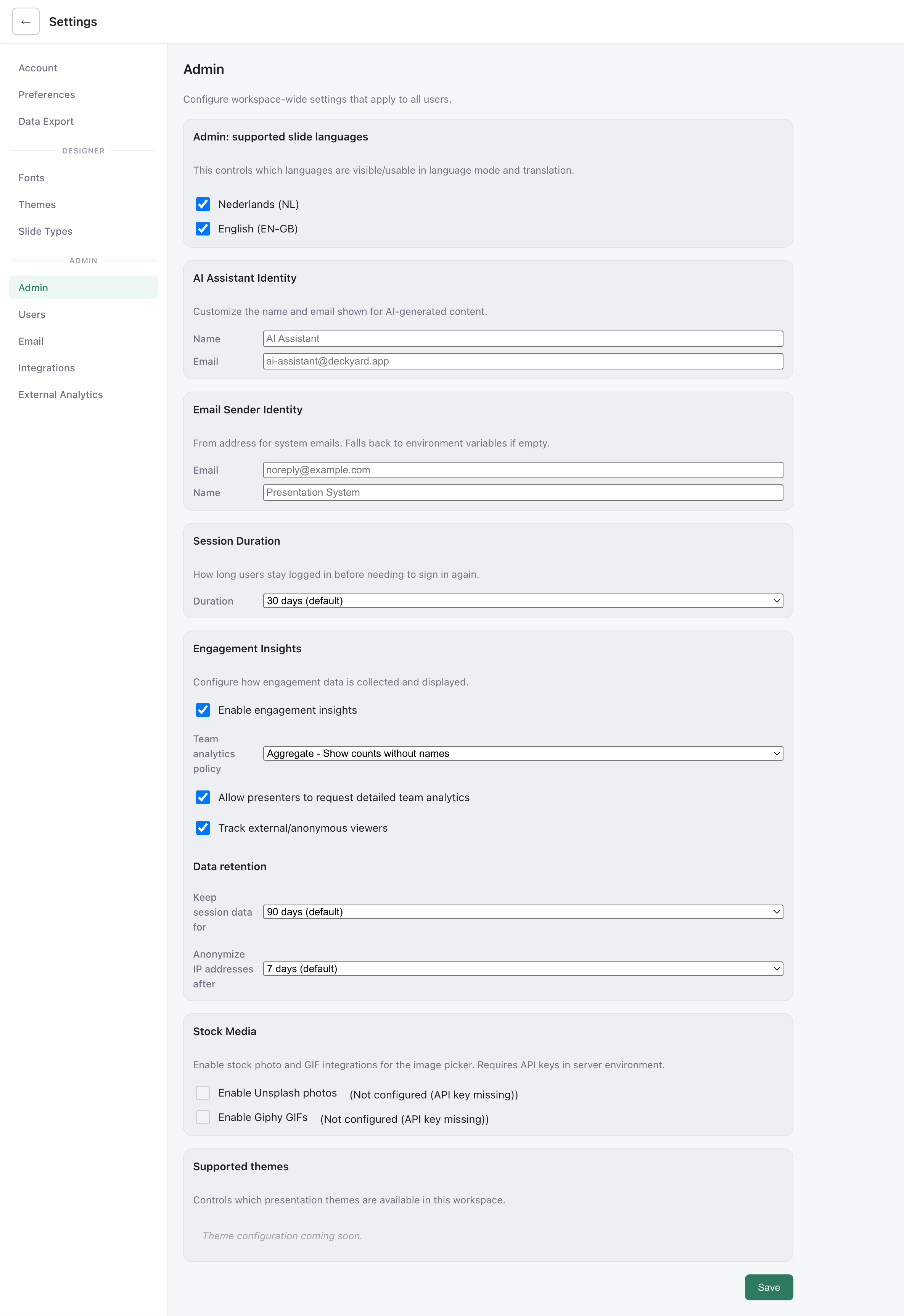 Admin settings showing language configuration, AI assistant identity, email sender, session duration, engagement insights, stock media, and supported themes