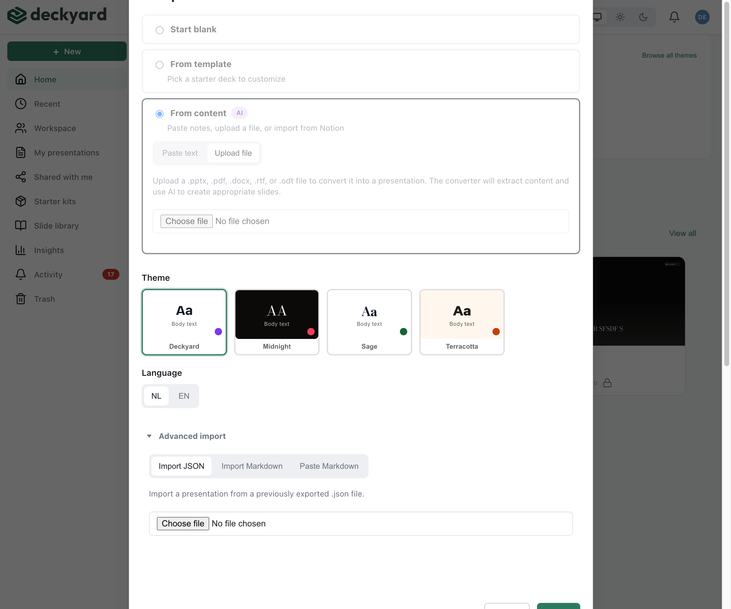 Advanced import section with Import JSON, Import Markdown, and Paste Markdown options