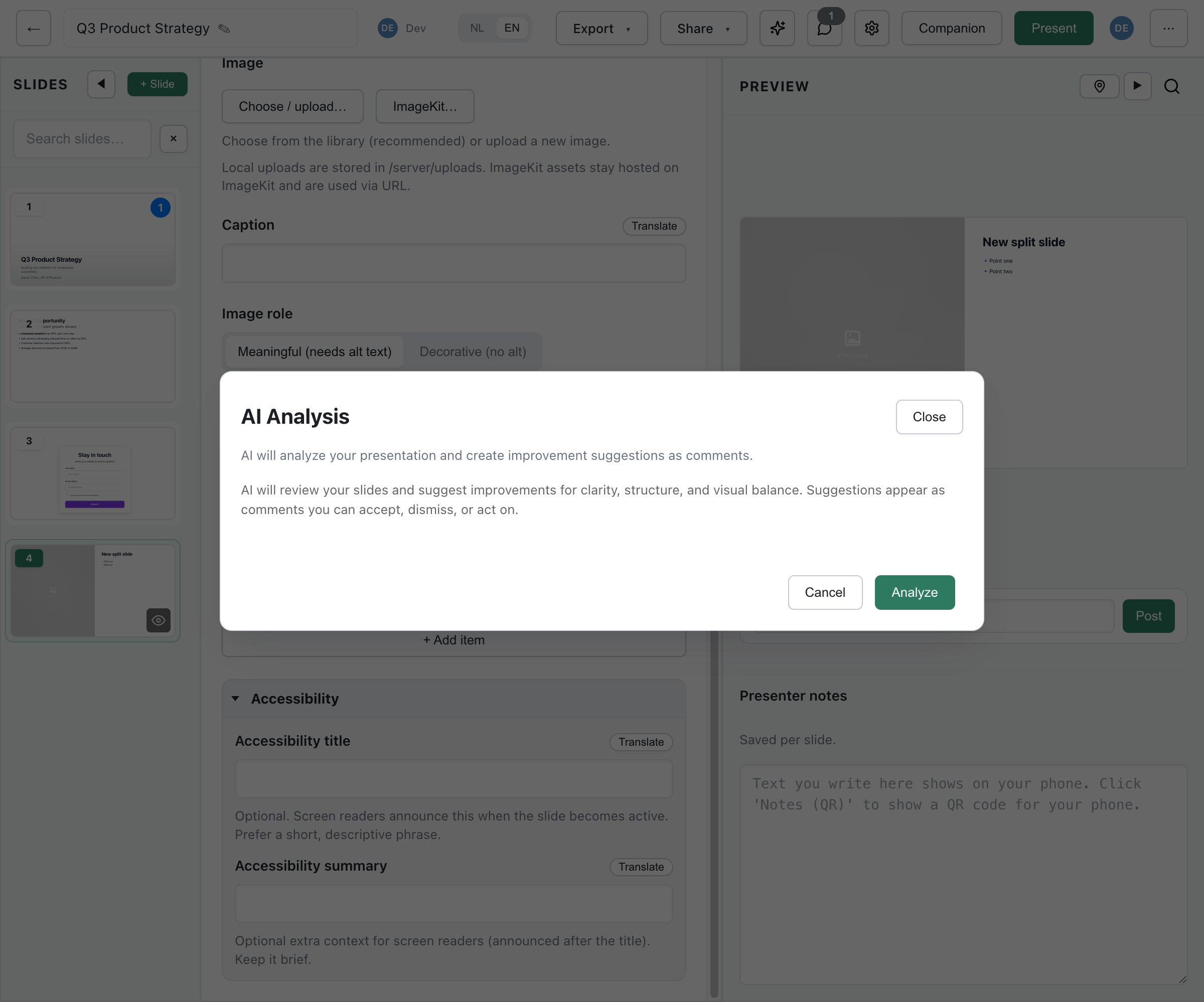 AI Analysis dialog explaining that AI will review slides and suggest improvements for clarity, structure, and visual balance