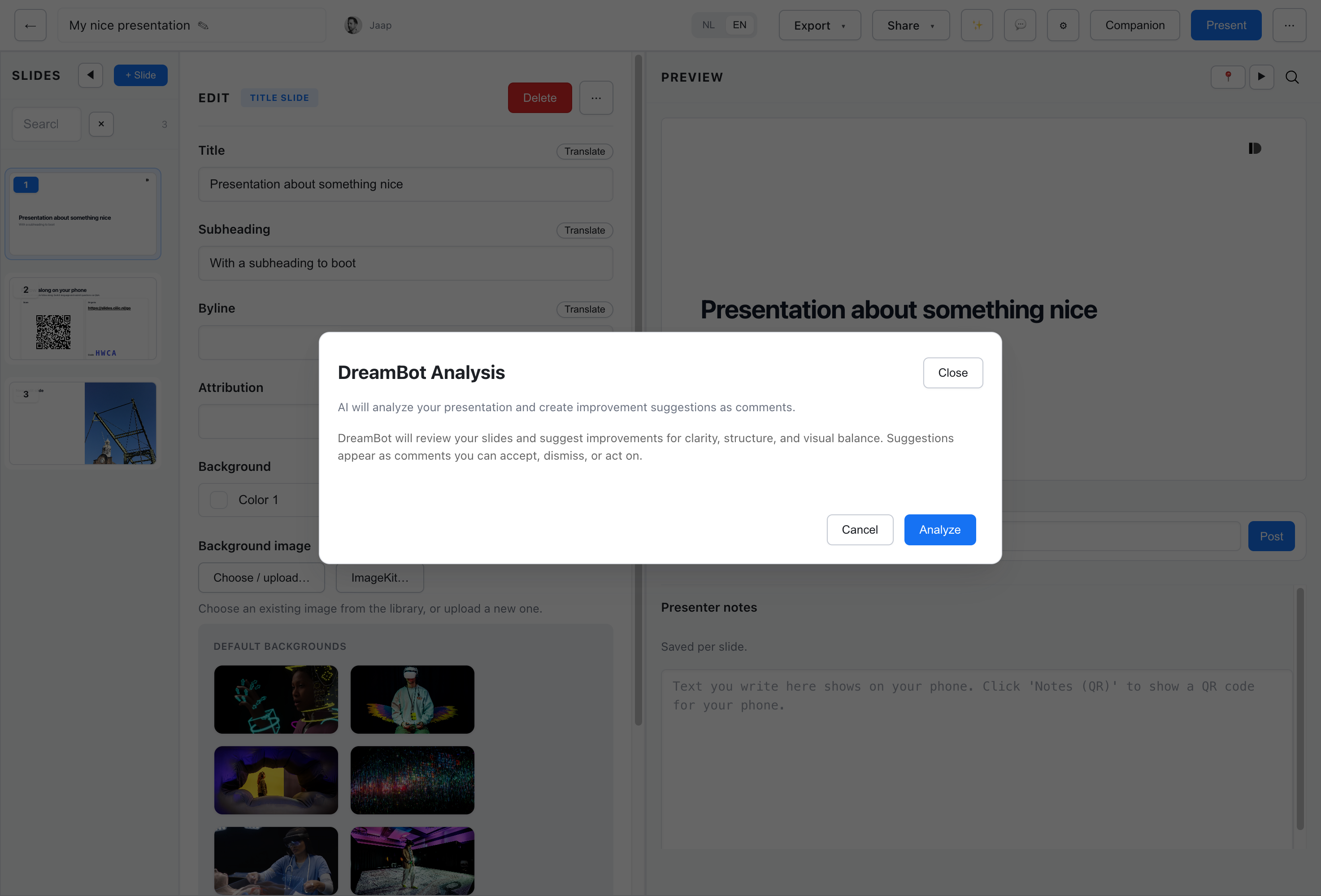 DreamBot analysis dialog