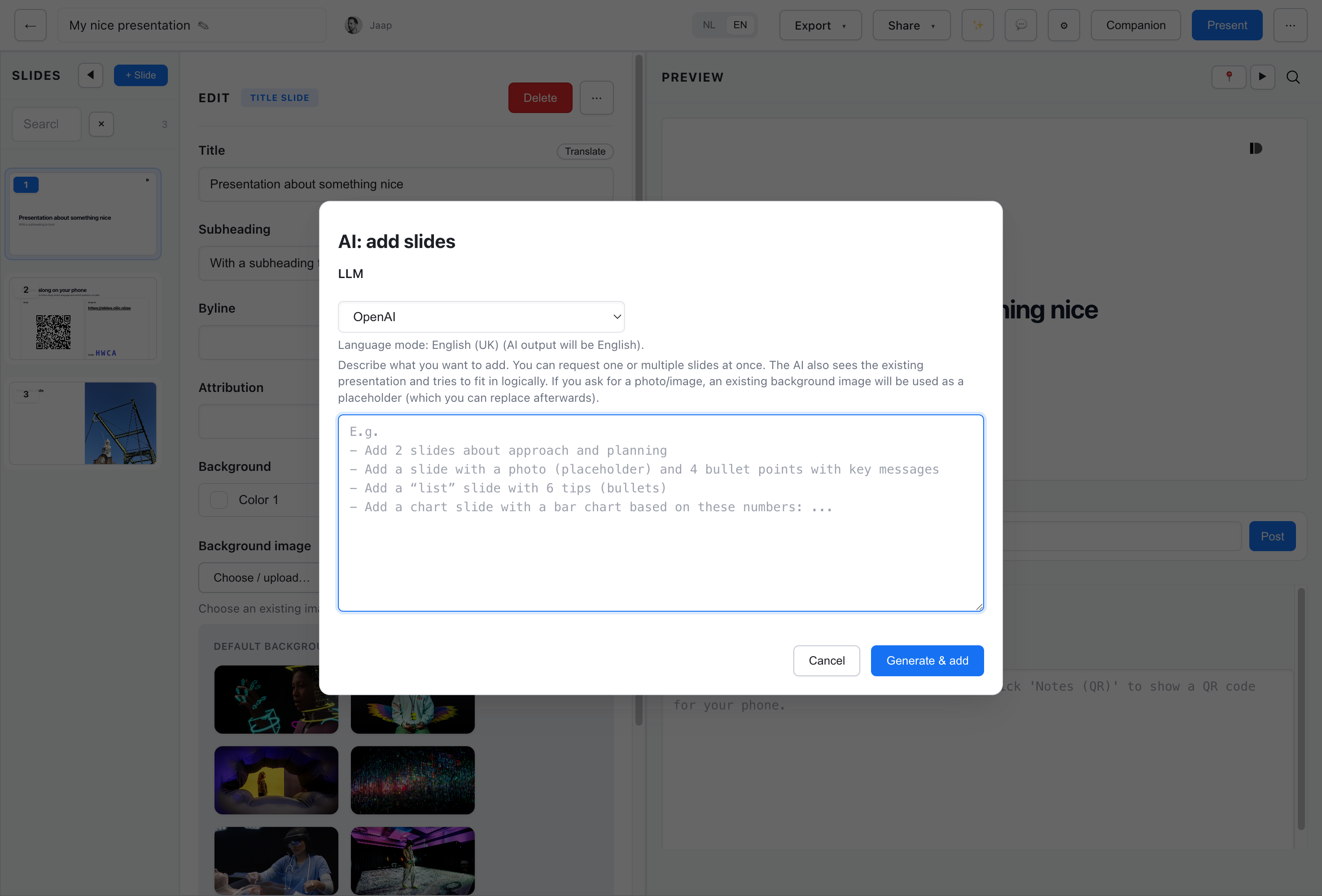 AI slide generation wizard with LLM selection