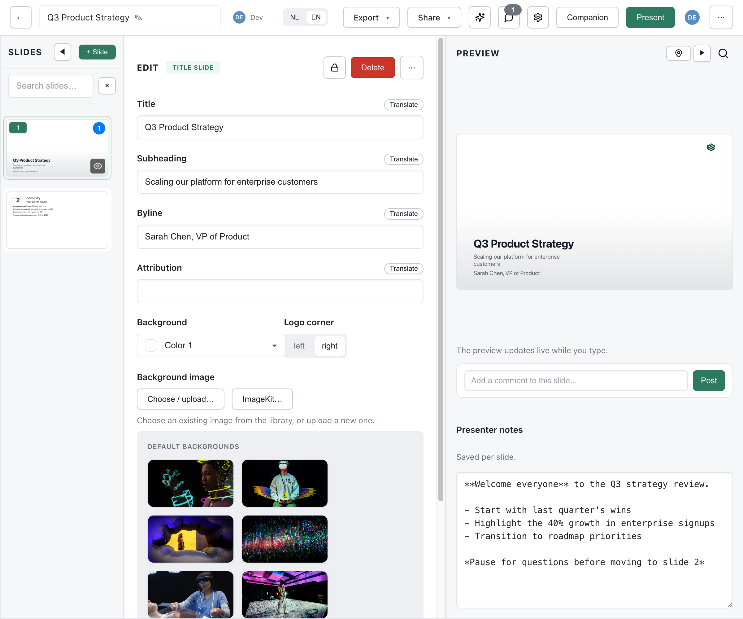 Editor showing Translate buttons on each field and the NL/EN language toggle in the toolbar