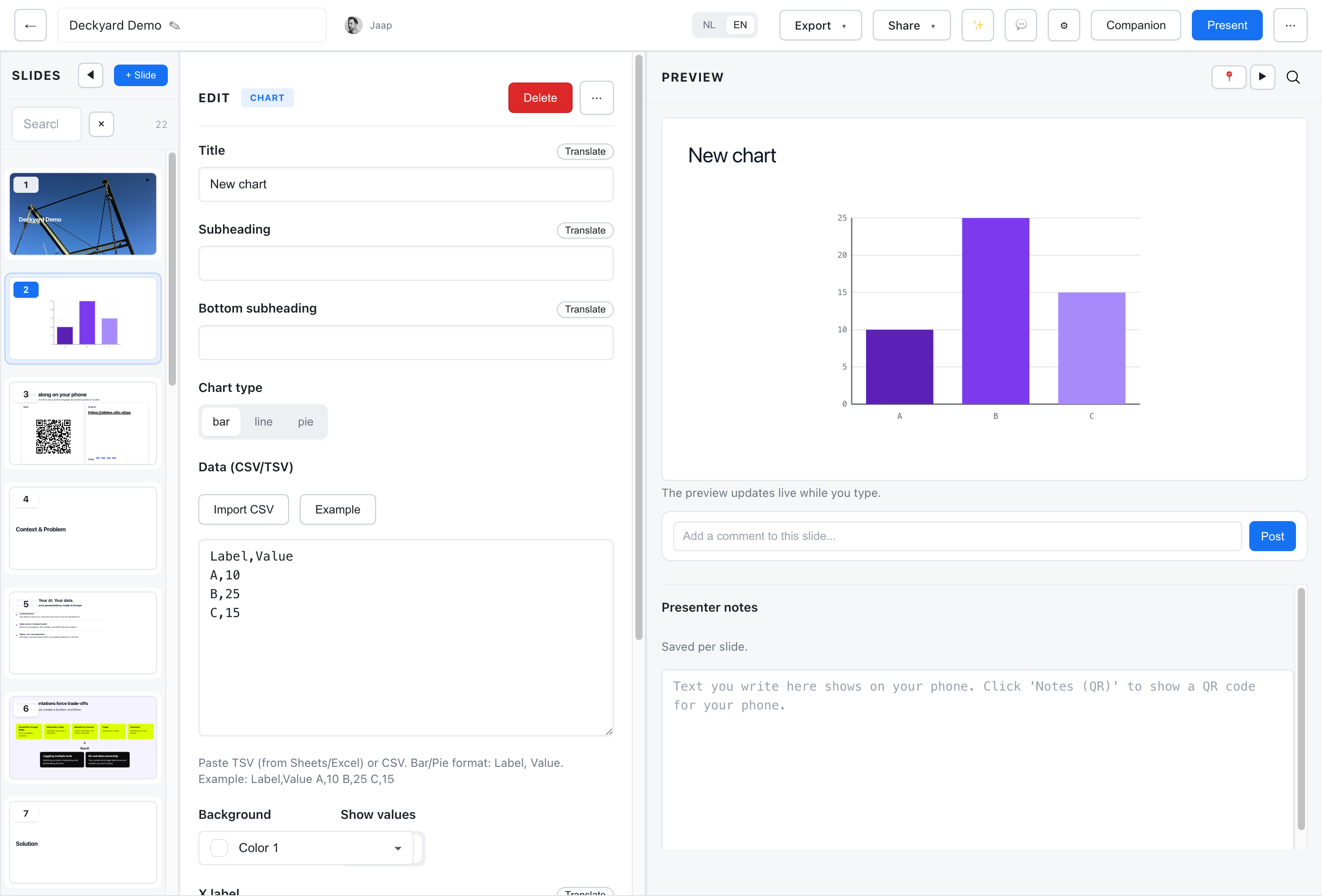 Chart slide editor with bar chart and CSV data input