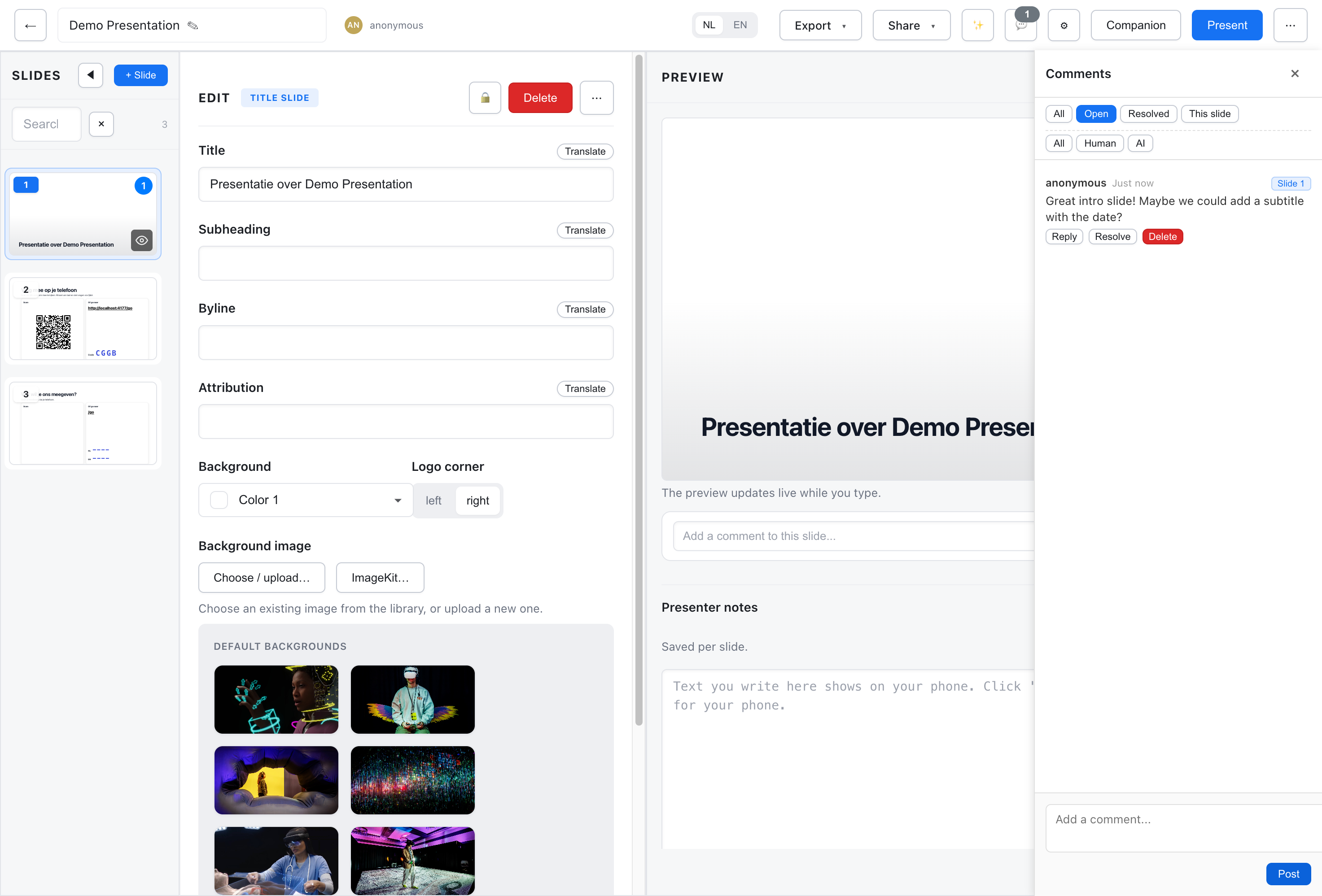 Comments panel with filters, thread options, and sample comment