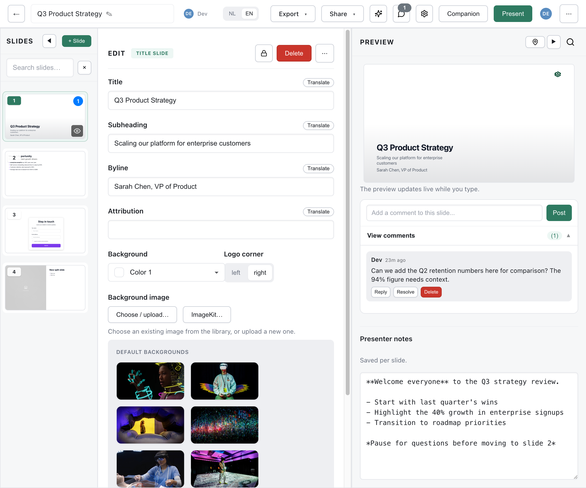 Slide comment thread with Reply, Resolve, and Delete actions alongside the live preview and presenter notes