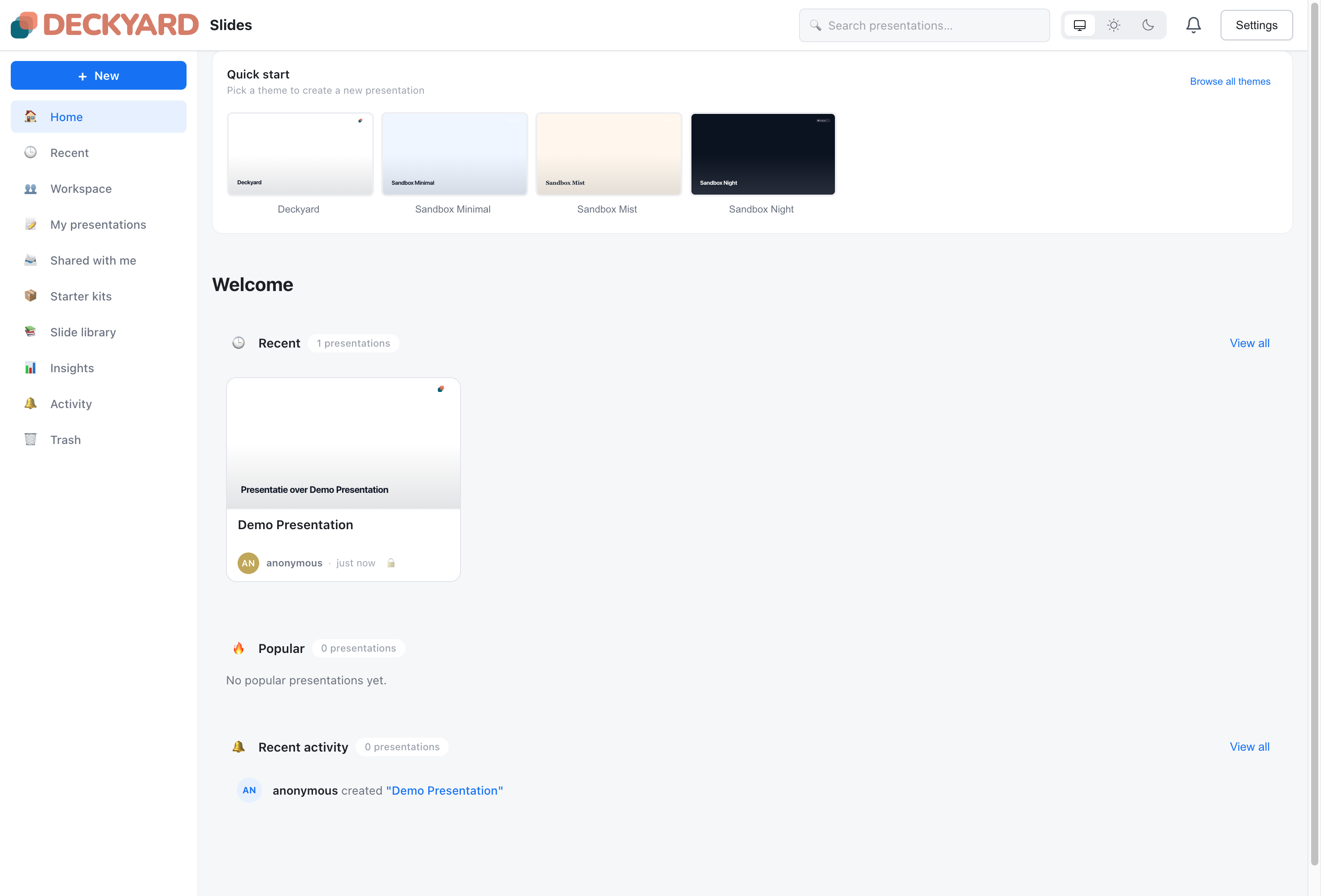 Dashboard with presentation cards and quick start themes