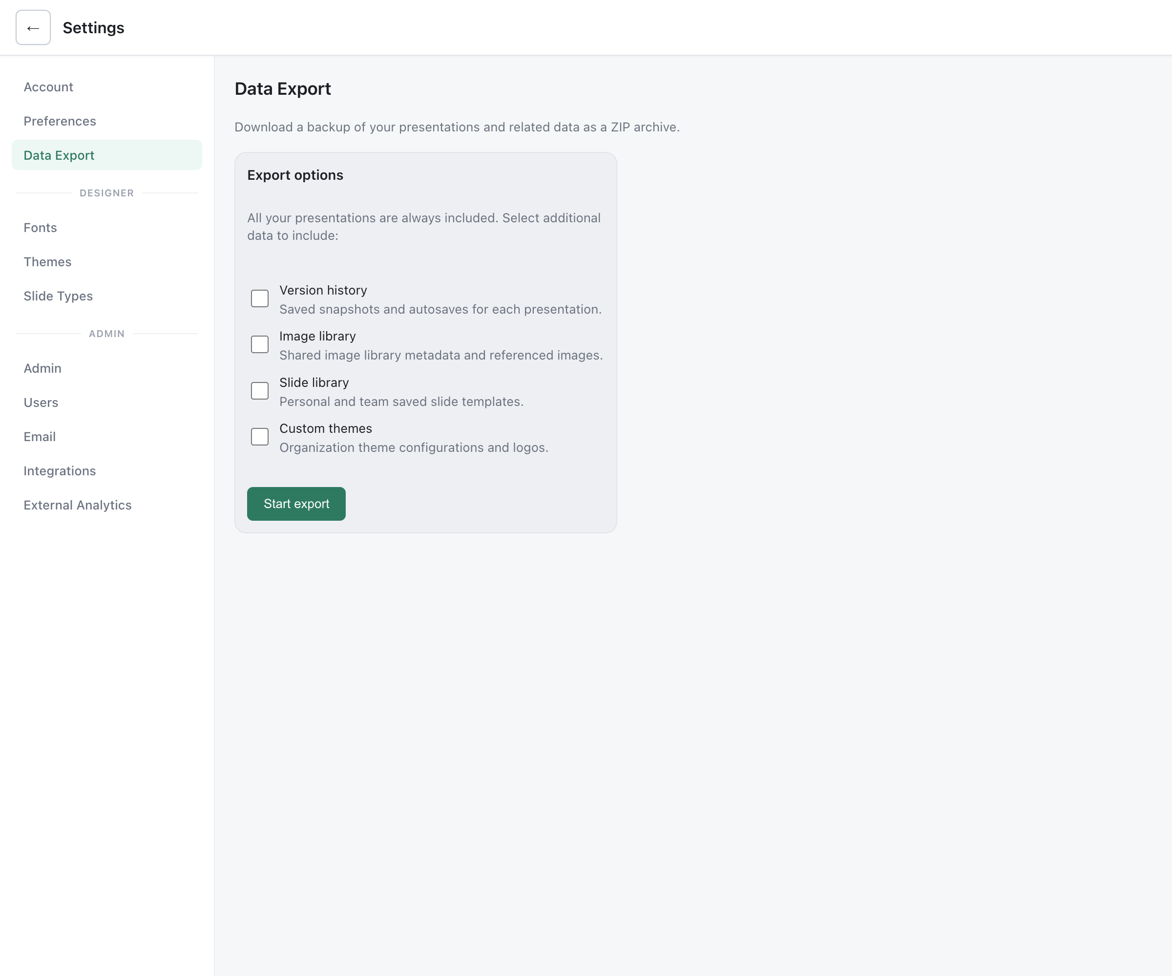Data Export settings page with checkboxes for version history, image library, slide library, and custom themes