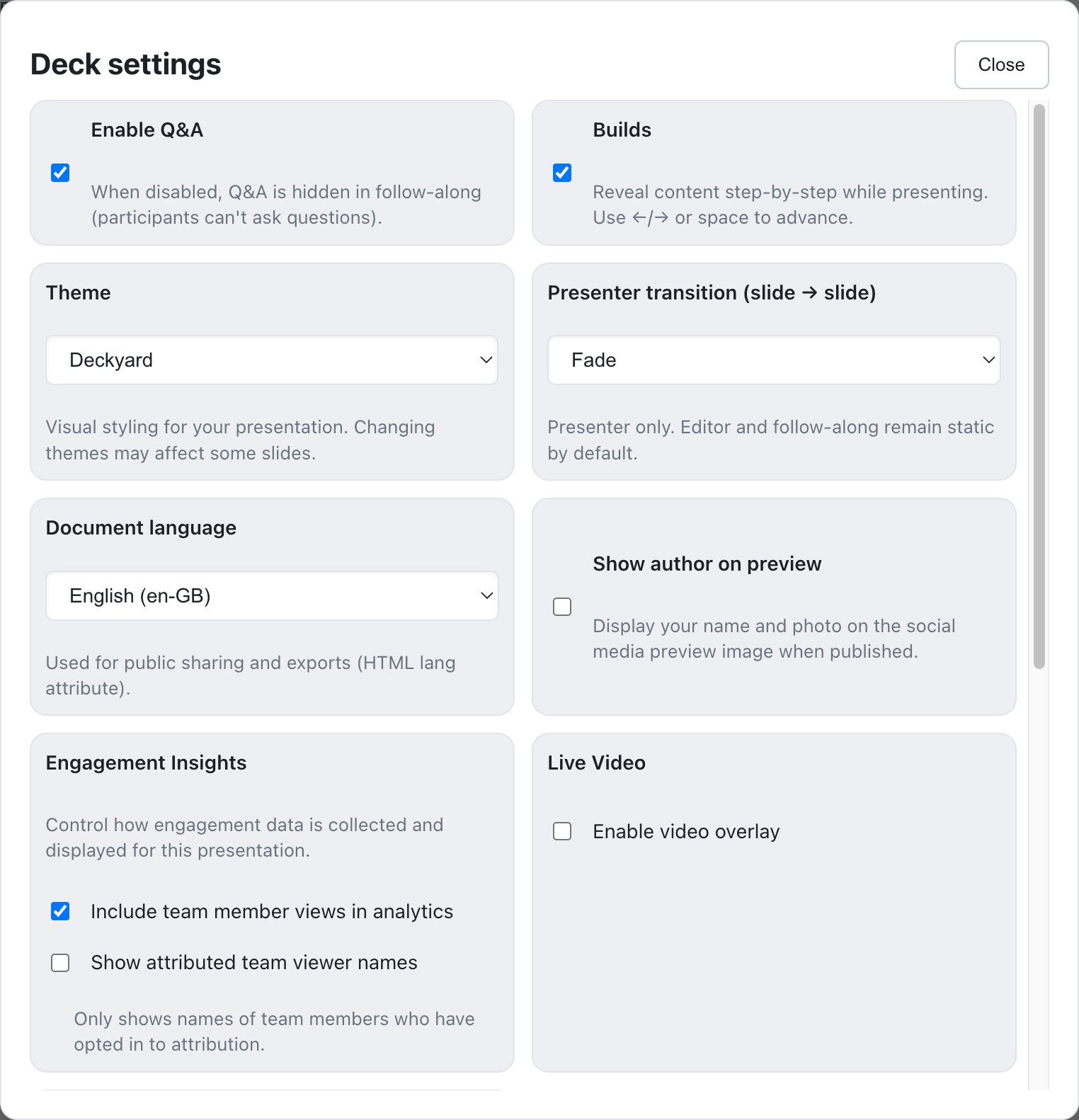Deck settings showing auto-advance, theme, transition, and timing options