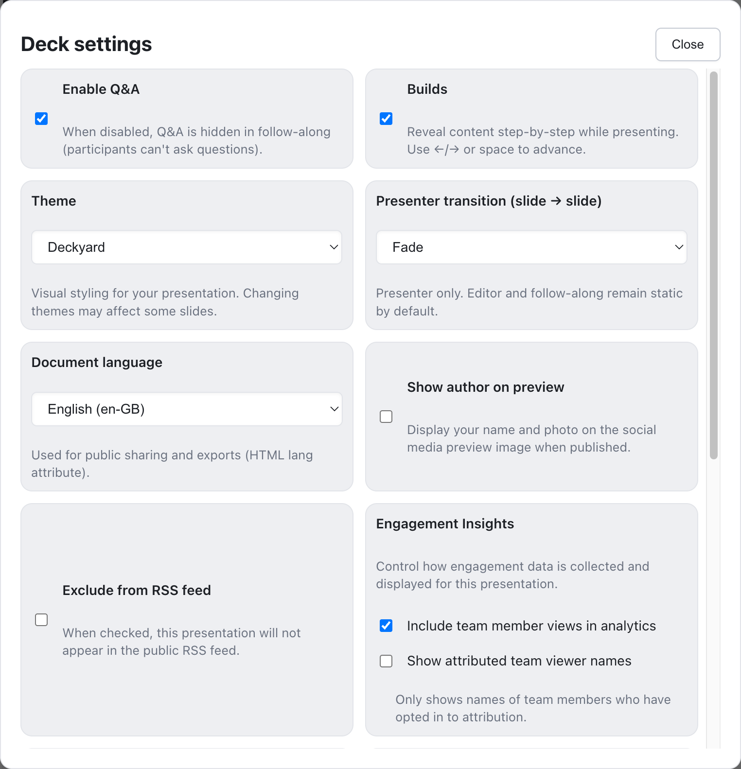 Deck settings showing Show author on preview checkbox that displays your name and photo on the social media preview image