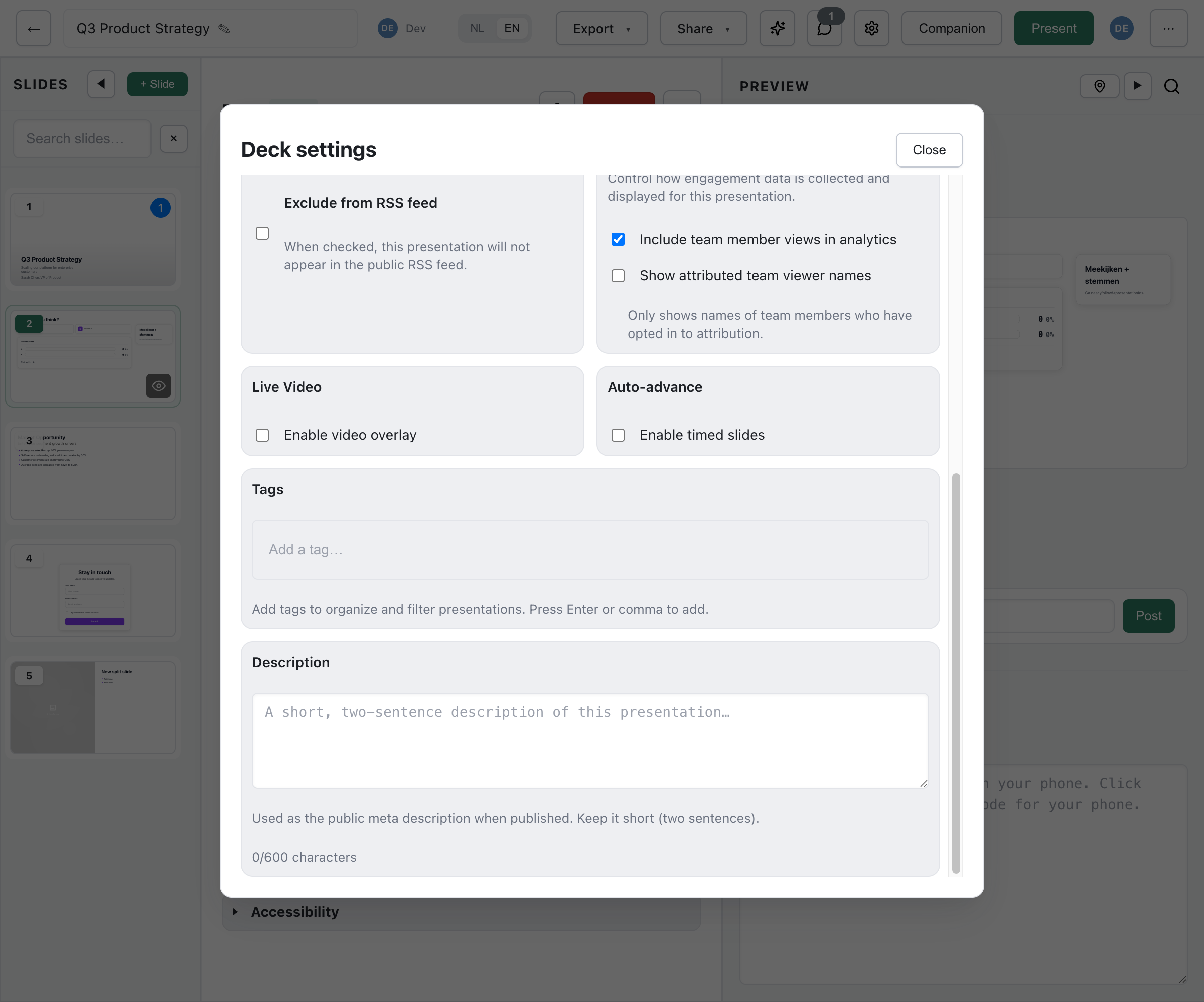 Deck settings showing Tags input and Description textarea where AI-generated descriptions appear, with character counter
