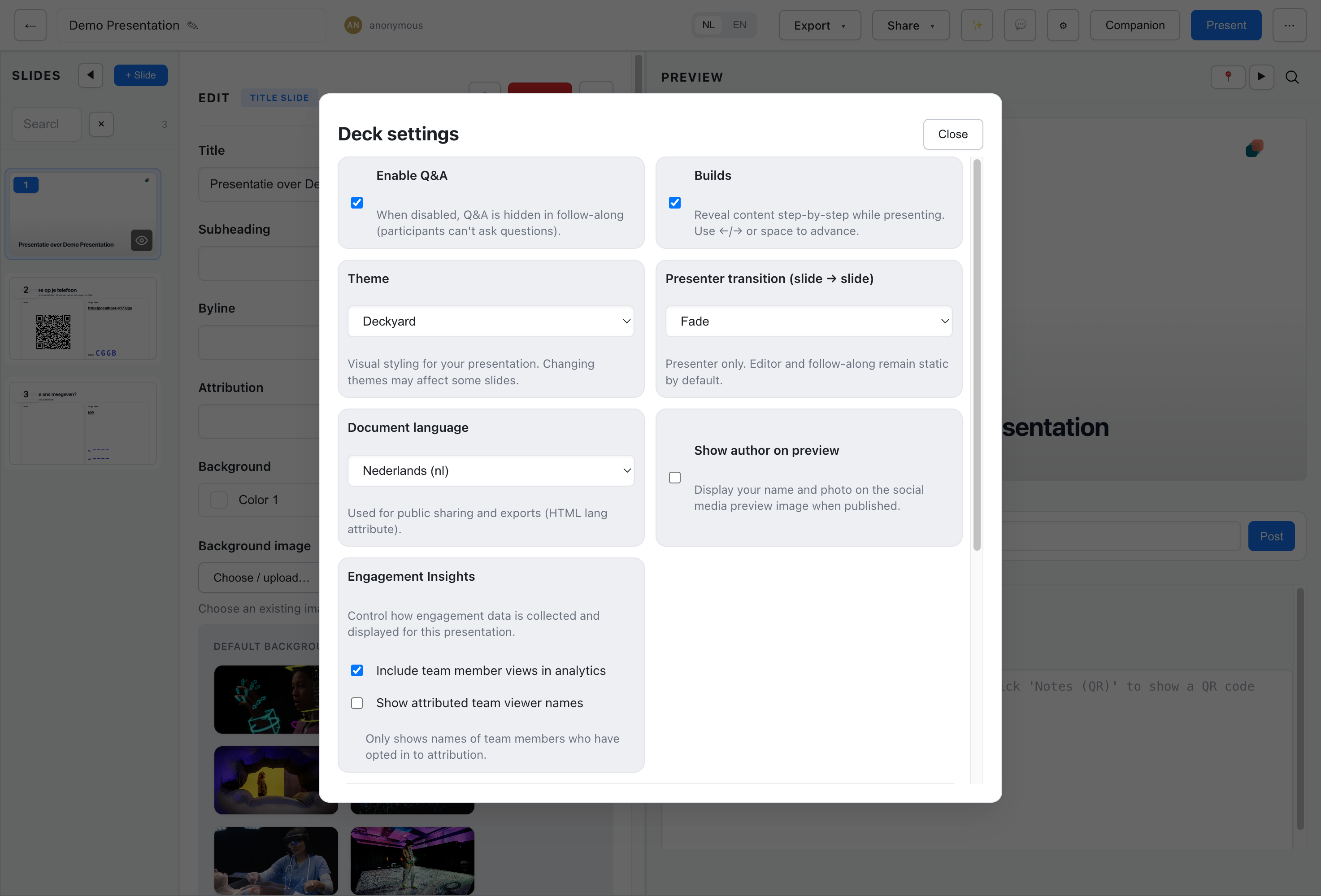 Deck settings dialog with theme, transitions, and engagement options