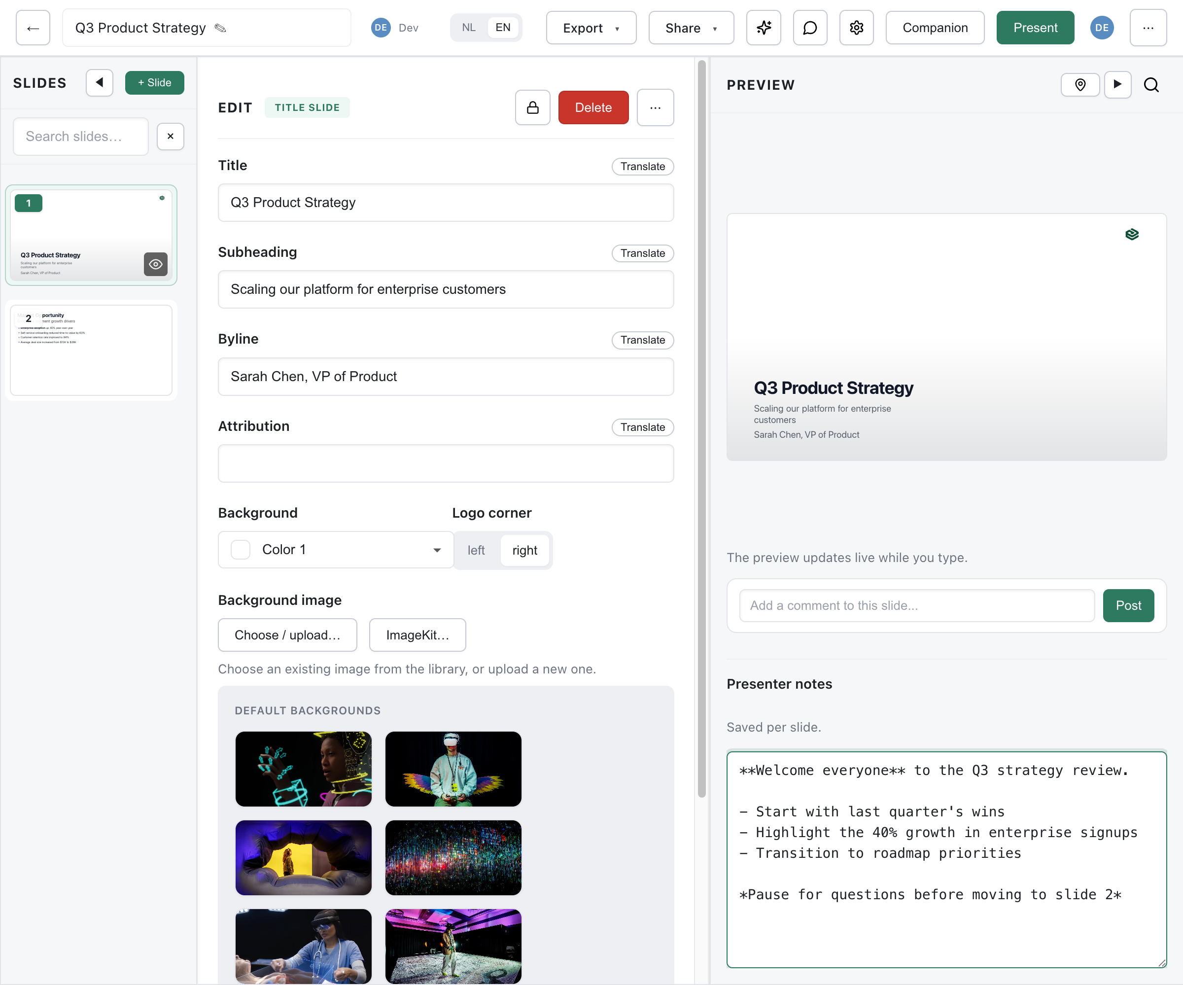 Editor with the preview panel on the right showing the rendered slide, comment input, and presenter notes