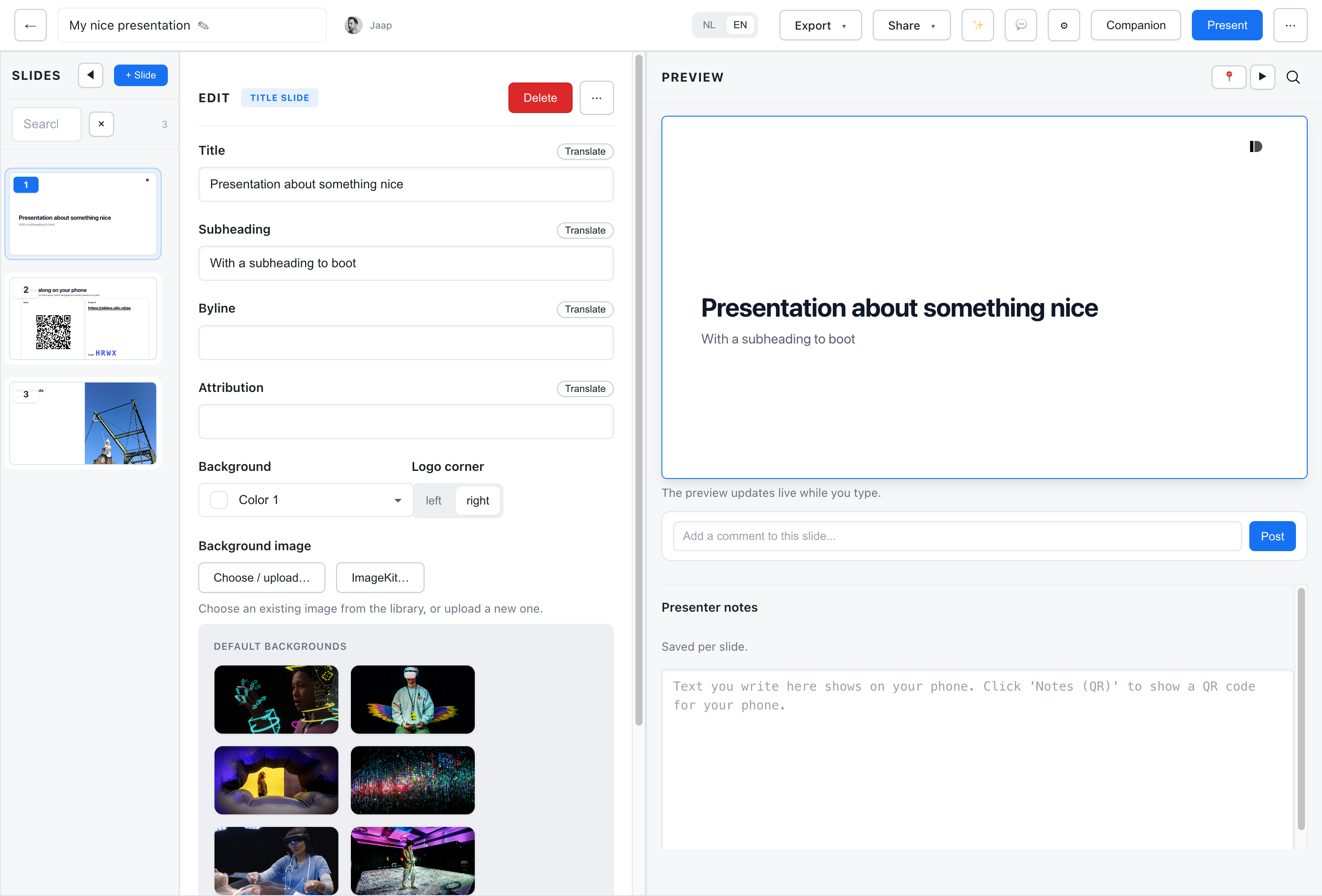 Editor overview with slides panel, edit fields, and live preview
