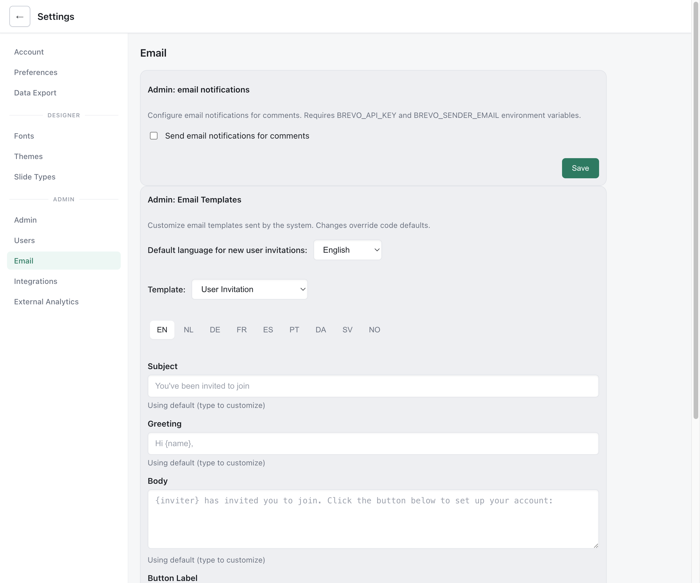 Email settings showing notification configuration and template editor with subject, greeting, body, and button fields