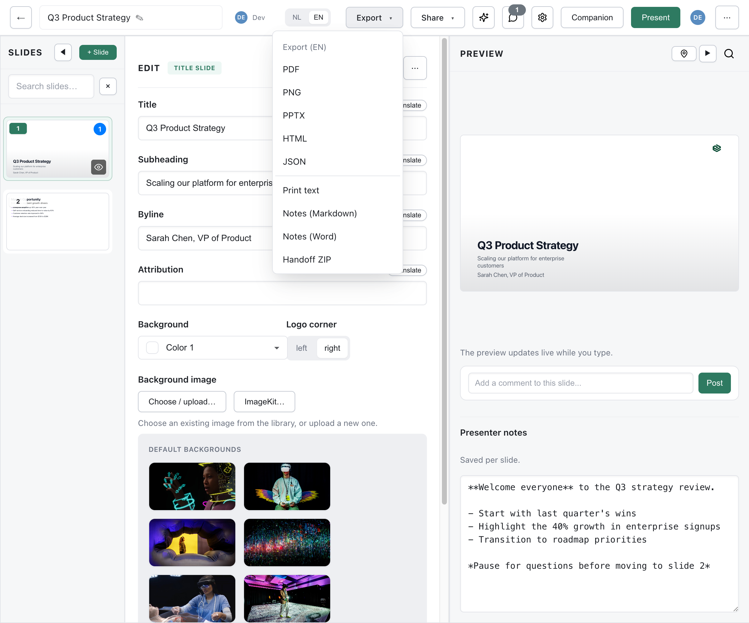 Export dropdown menu showing PDF, PNG, PPTX, HTML, JSON, Print text, Notes, and Handoff ZIP options