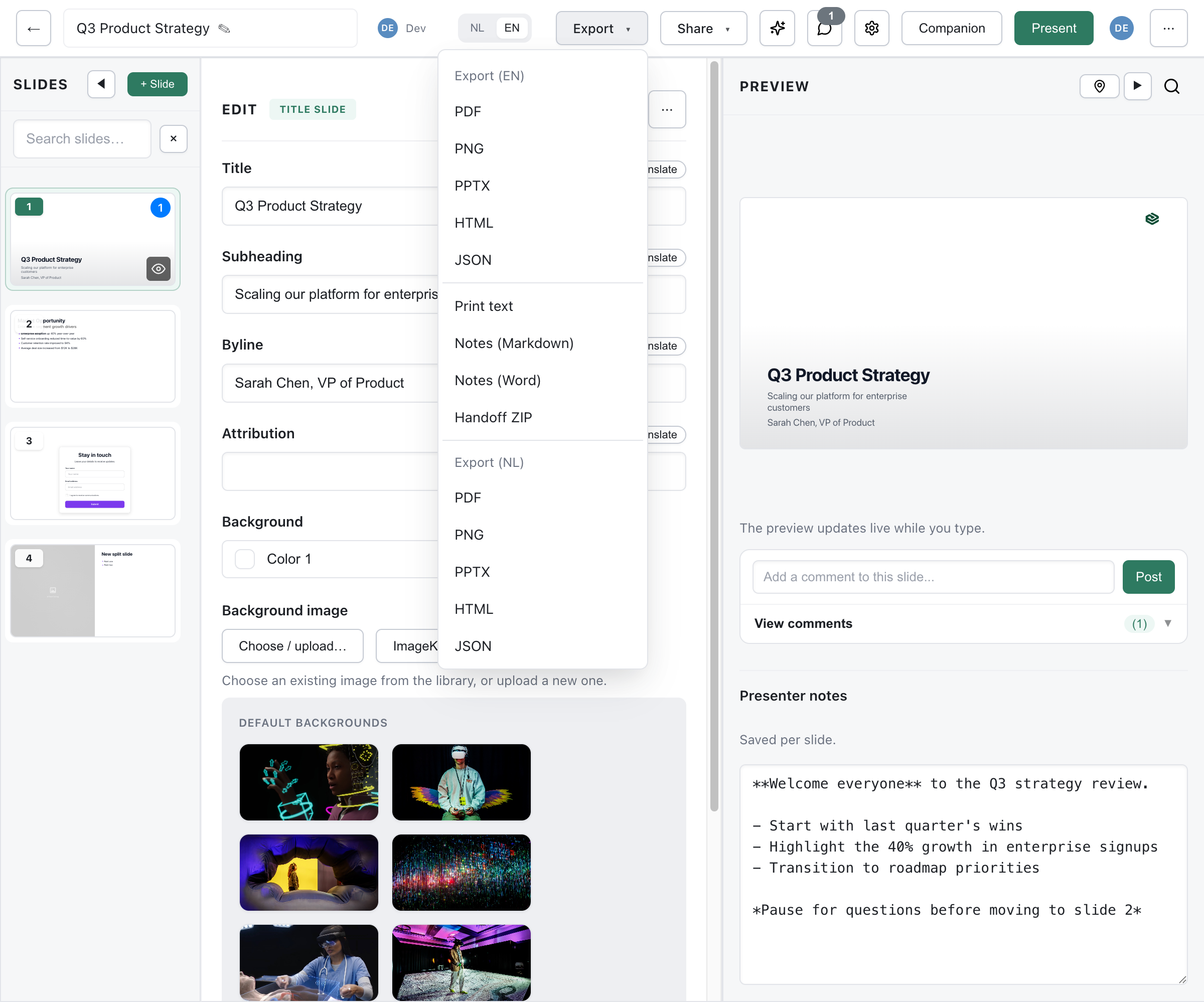Export dropdown showing all formats including PDF, PNG, PPTX, HTML, JSON, Notes, and Handoff ZIP for both languages