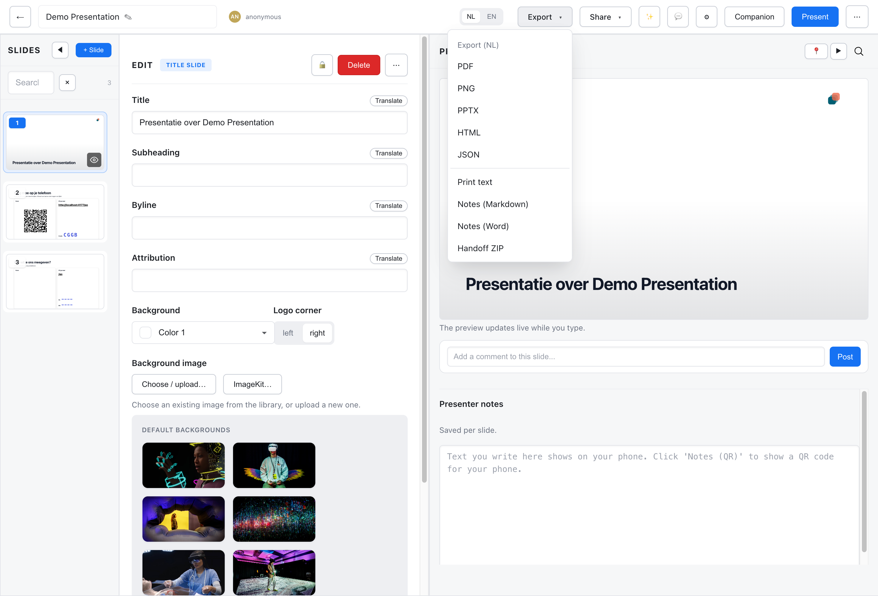Export menu with all available formats