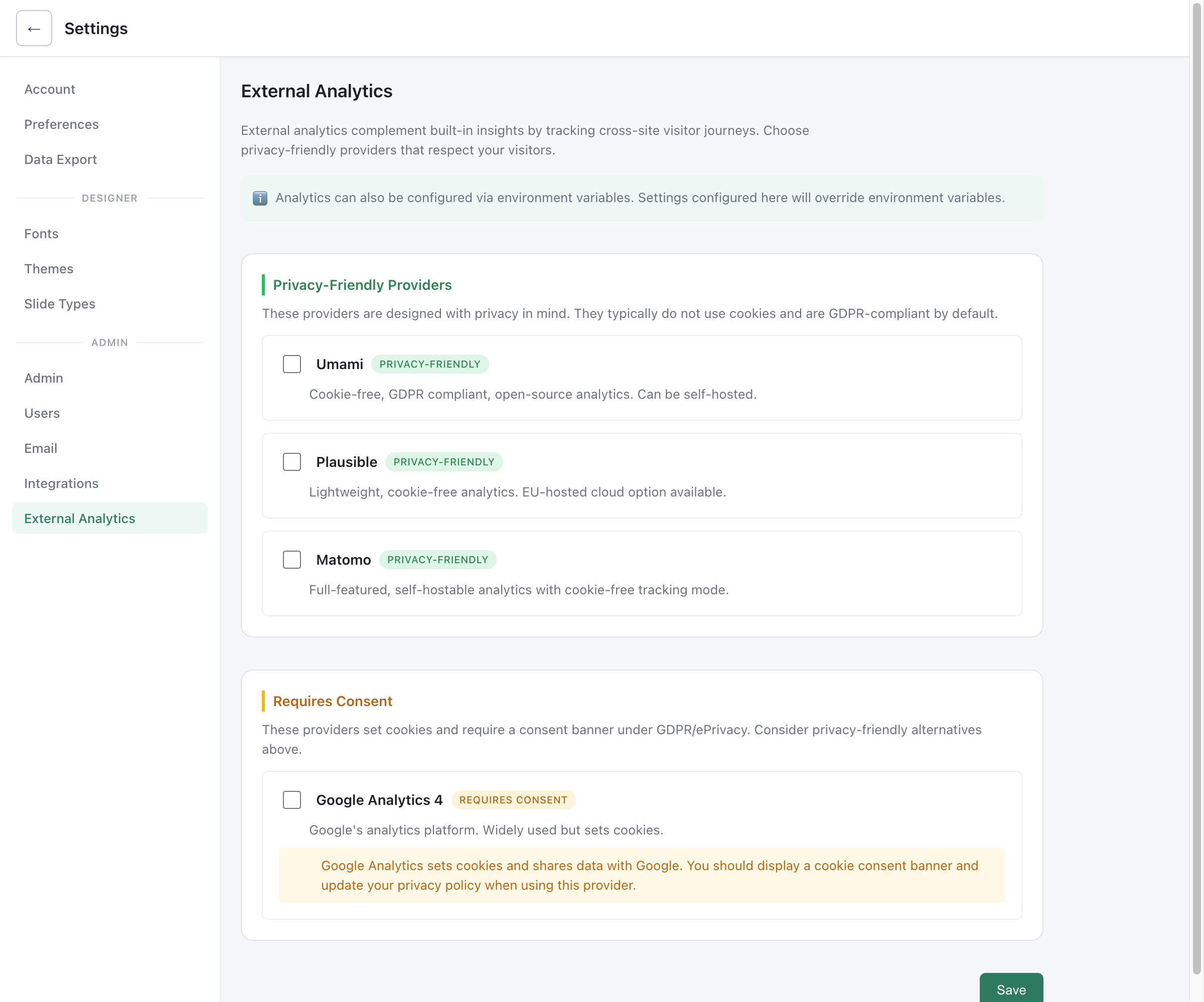 External Analytics settings showing privacy-friendly providers (Umami, Plausible, Matomo) and consent-requiring providers (Google Analytics 4) with GDPR warnings