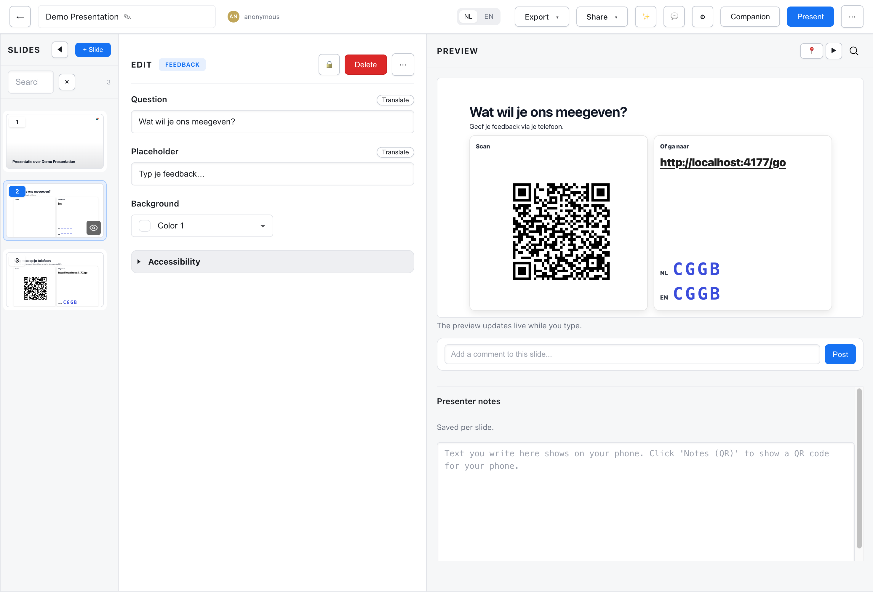 Feedback slide editor with question and QR code preview