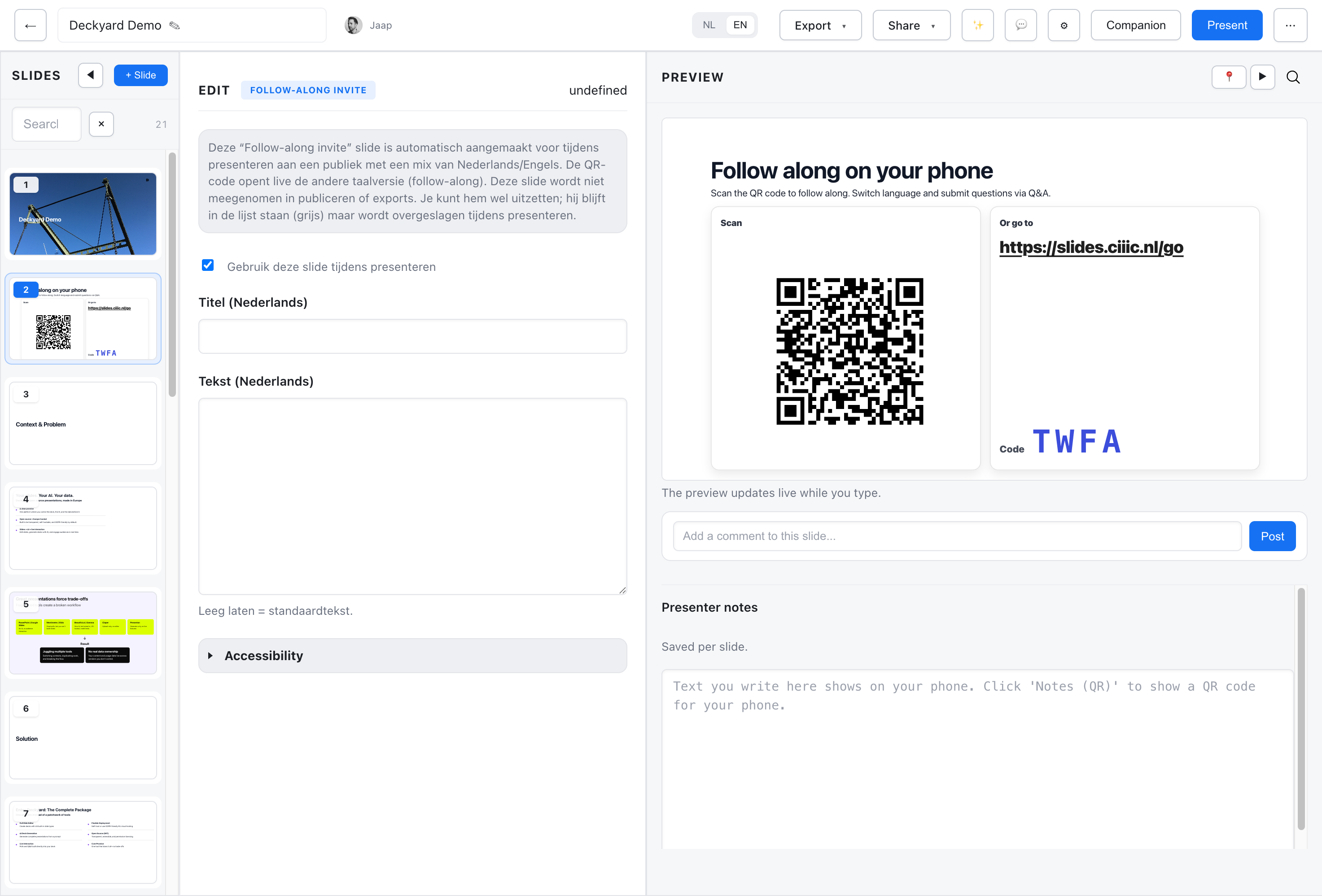 Follow Invite slide with QR code and access code