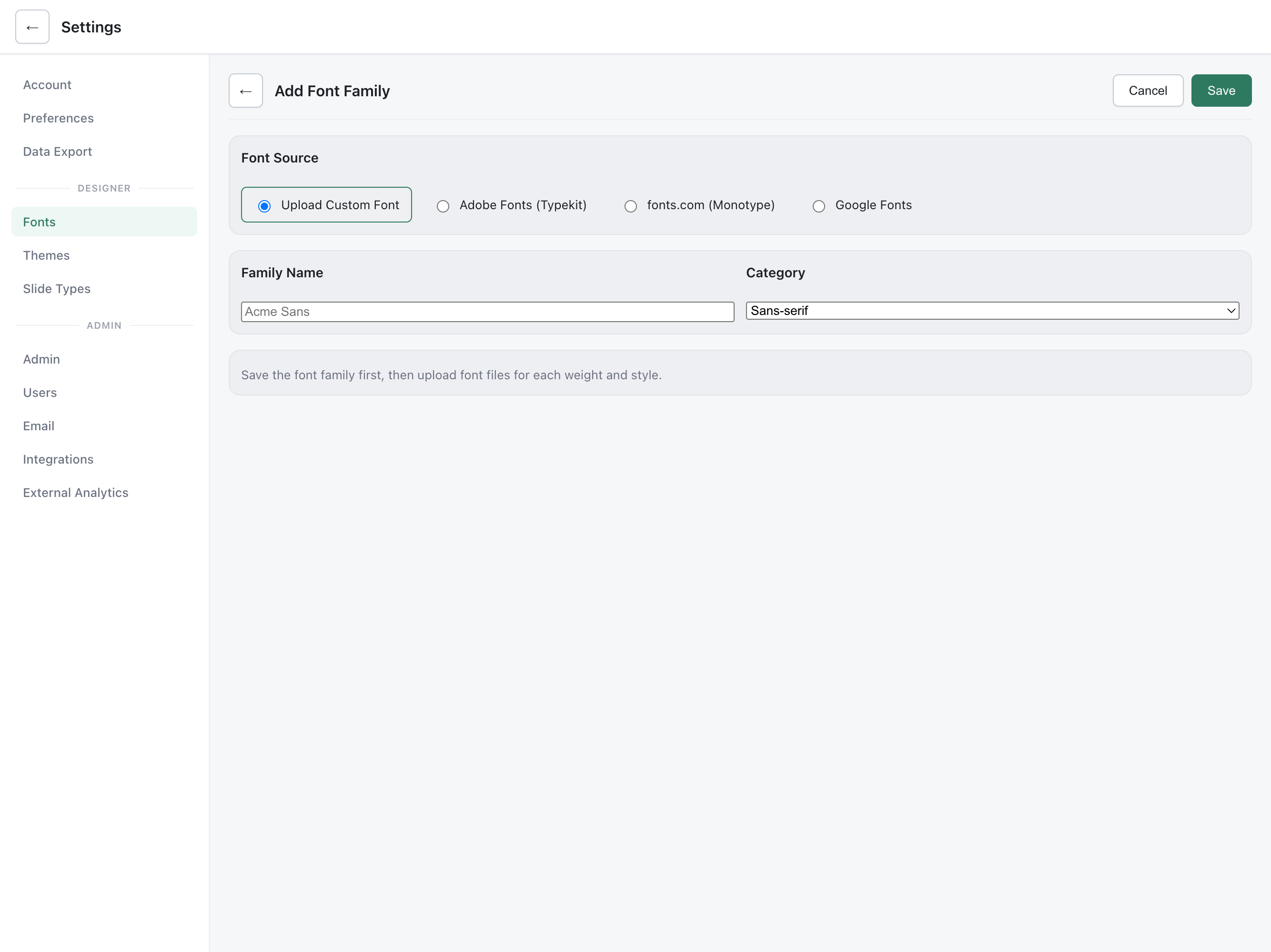 Add Font Family dialog with source options: Upload, Adobe Fonts, fonts.com, and Google Fonts