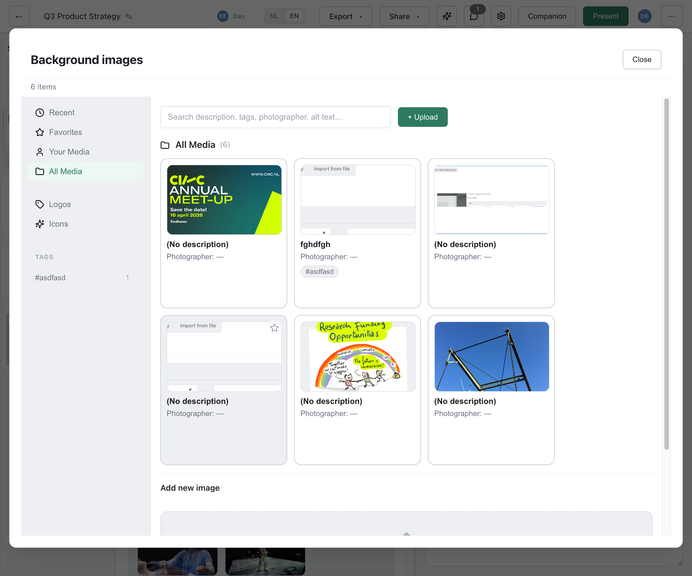 Image library picker with categories, search, upload, and media grid