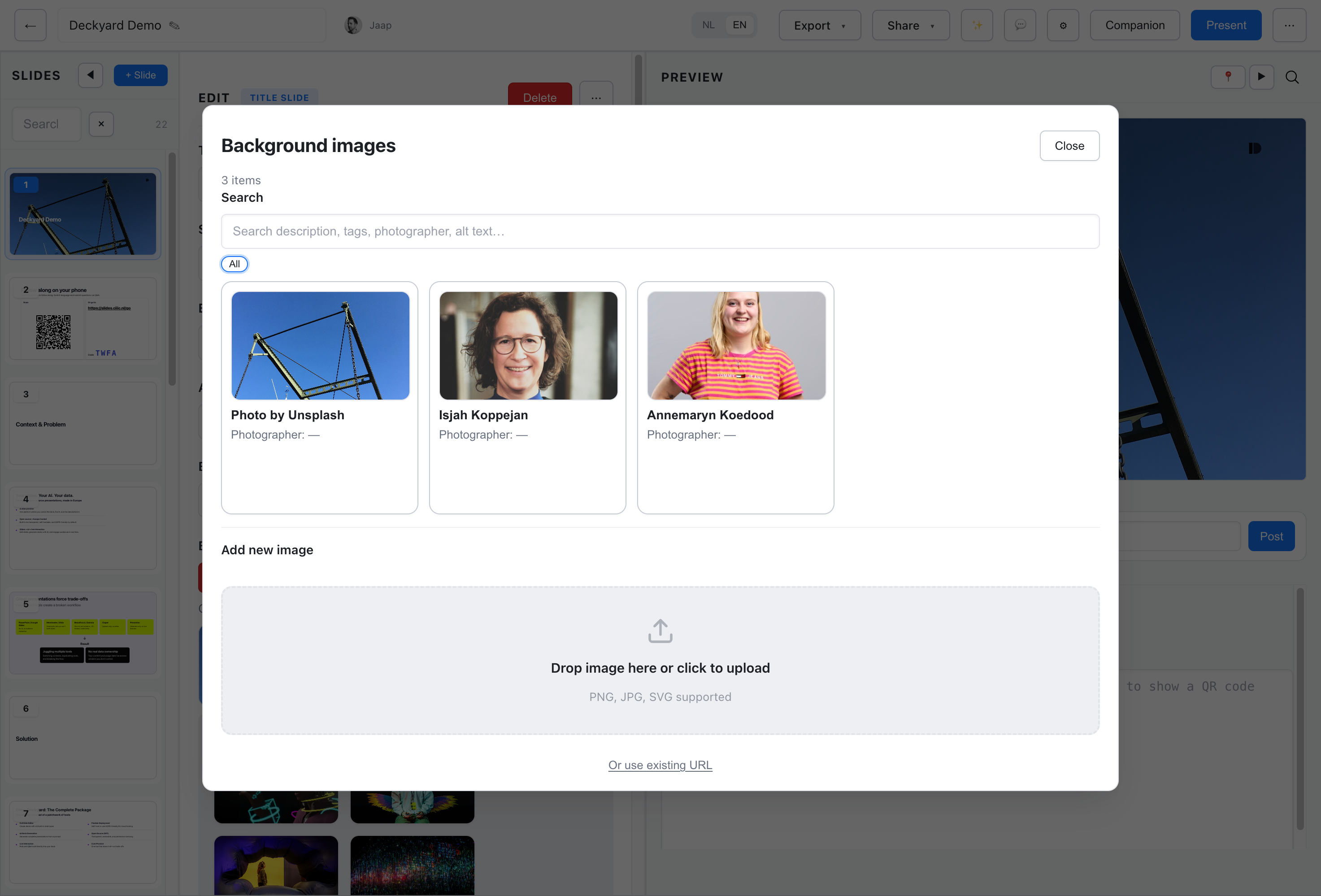 Image picker with library, search, and upload options