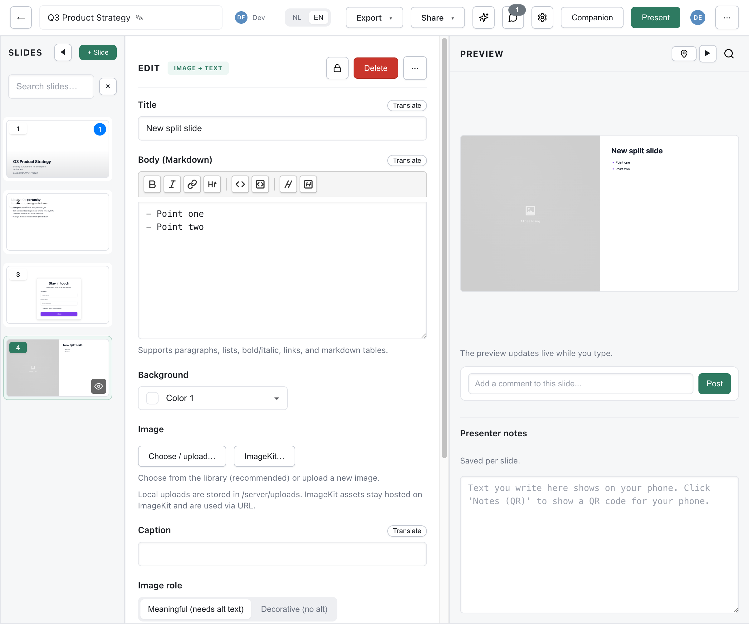 Image+text slide editor showing title, markdown body, image upload, caption, image role, and live preview