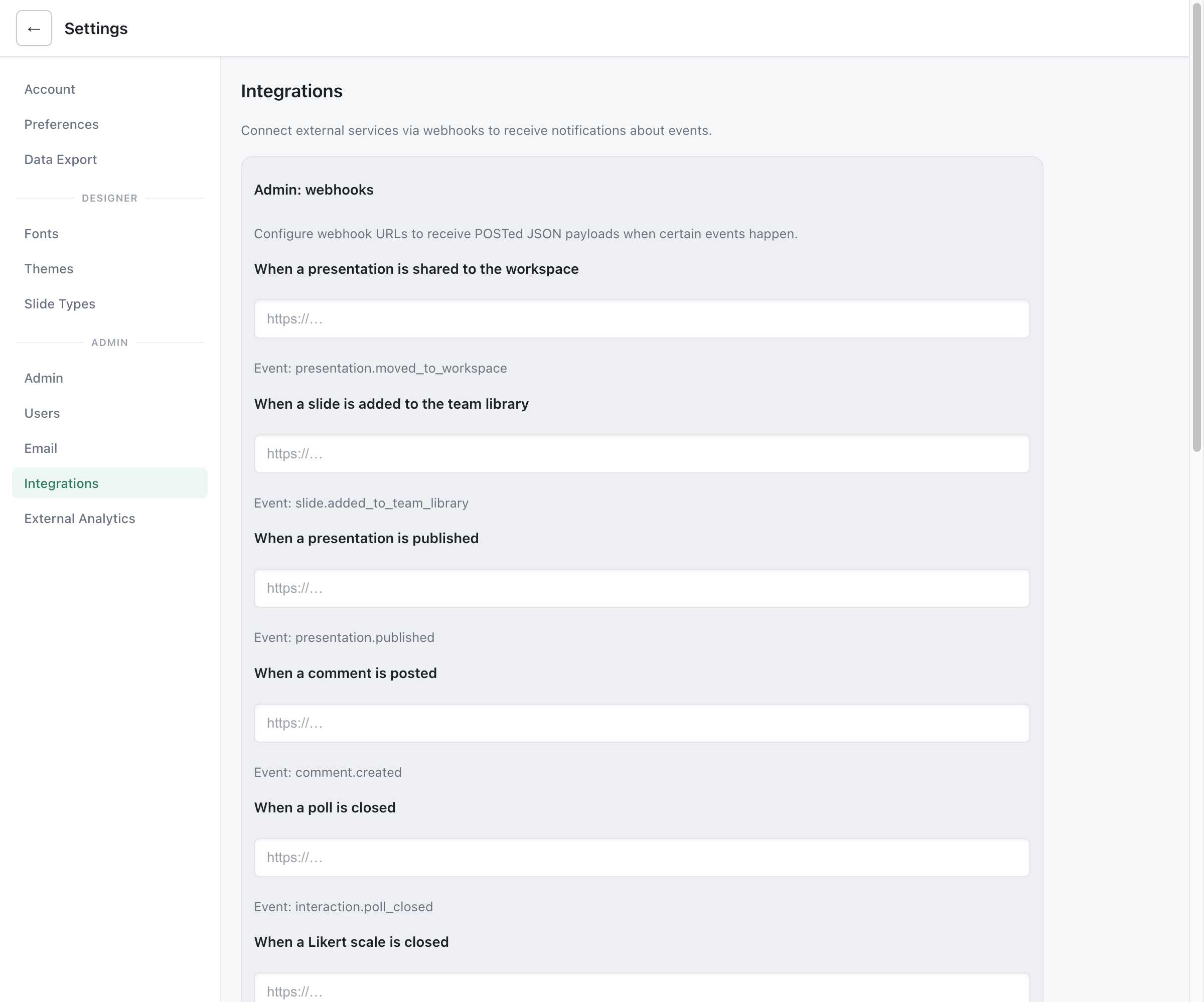 Integrations settings showing RSS feed configuration with title, description, language, max items, and feed URLs for RSS, Atom, and JSON