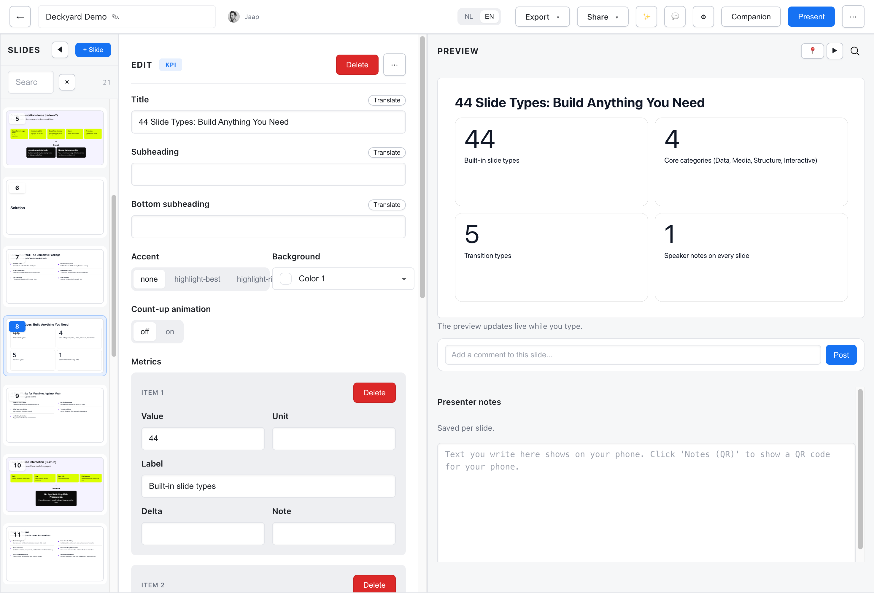 KPI slide editor with metrics fields
