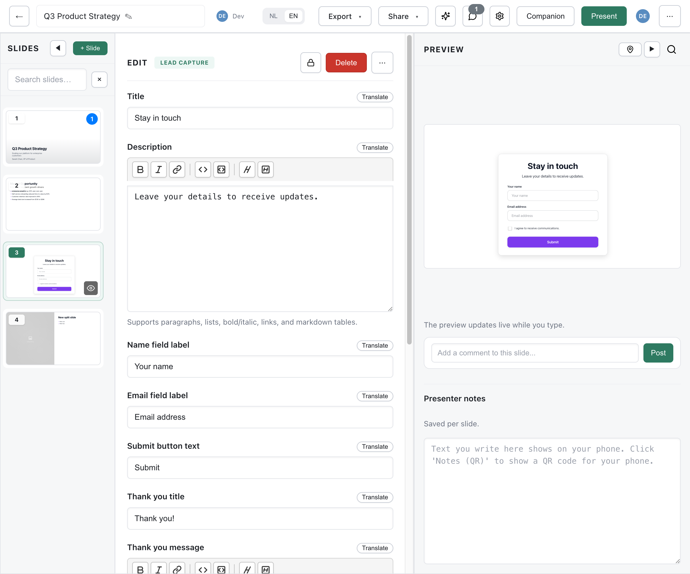 Lead capture slide editor showing form fields for name, email, submit button, thank you message, and privacy consent