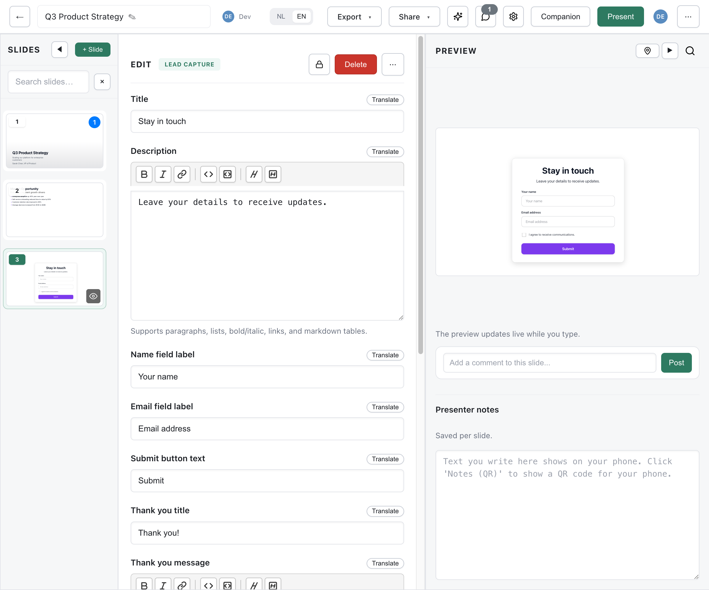 Lead Capture slide editor showing title, description, form field labels, submit button text, thank-you message, and live preview