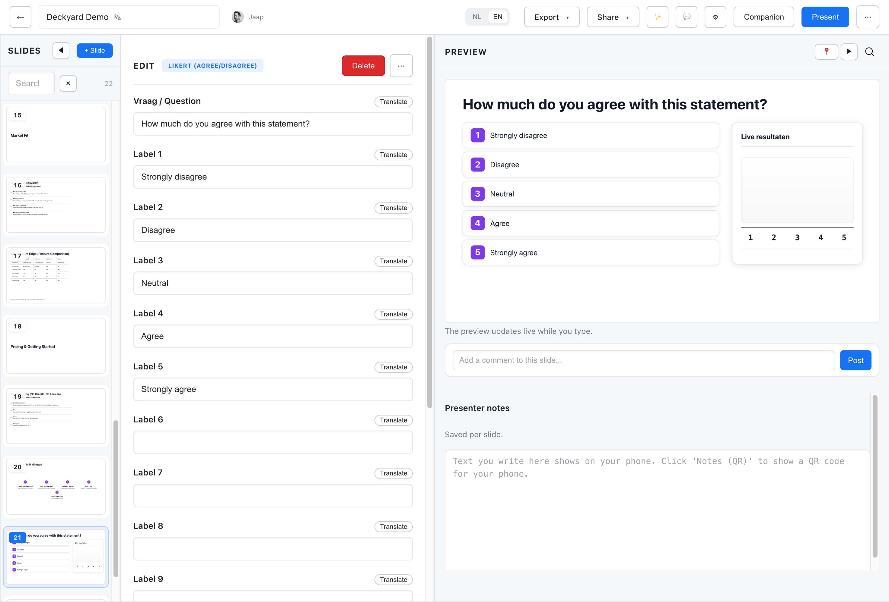 Likert scale editor with 5-point agreement scale