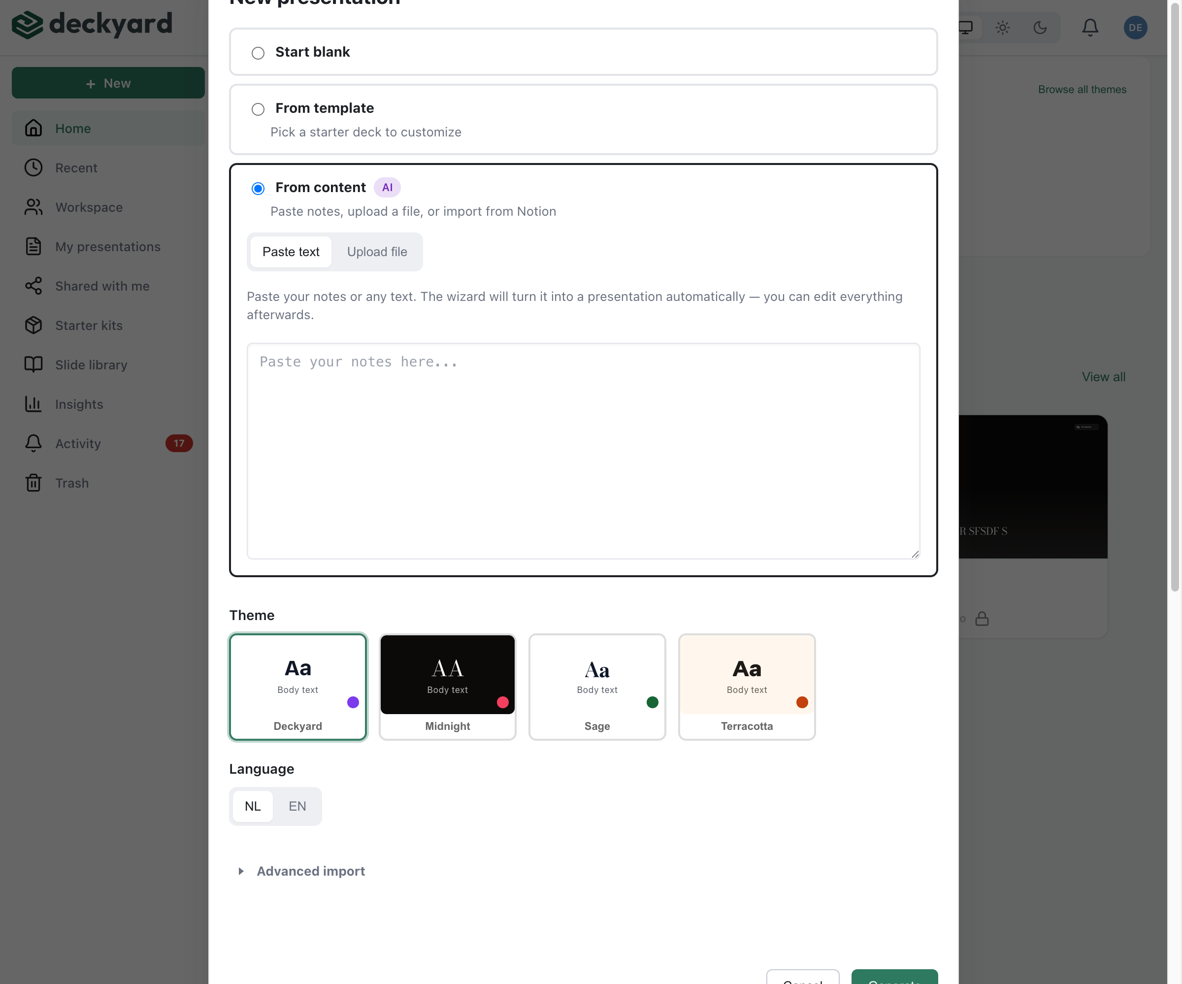 From content dialog with AI-powered text paste and file upload options