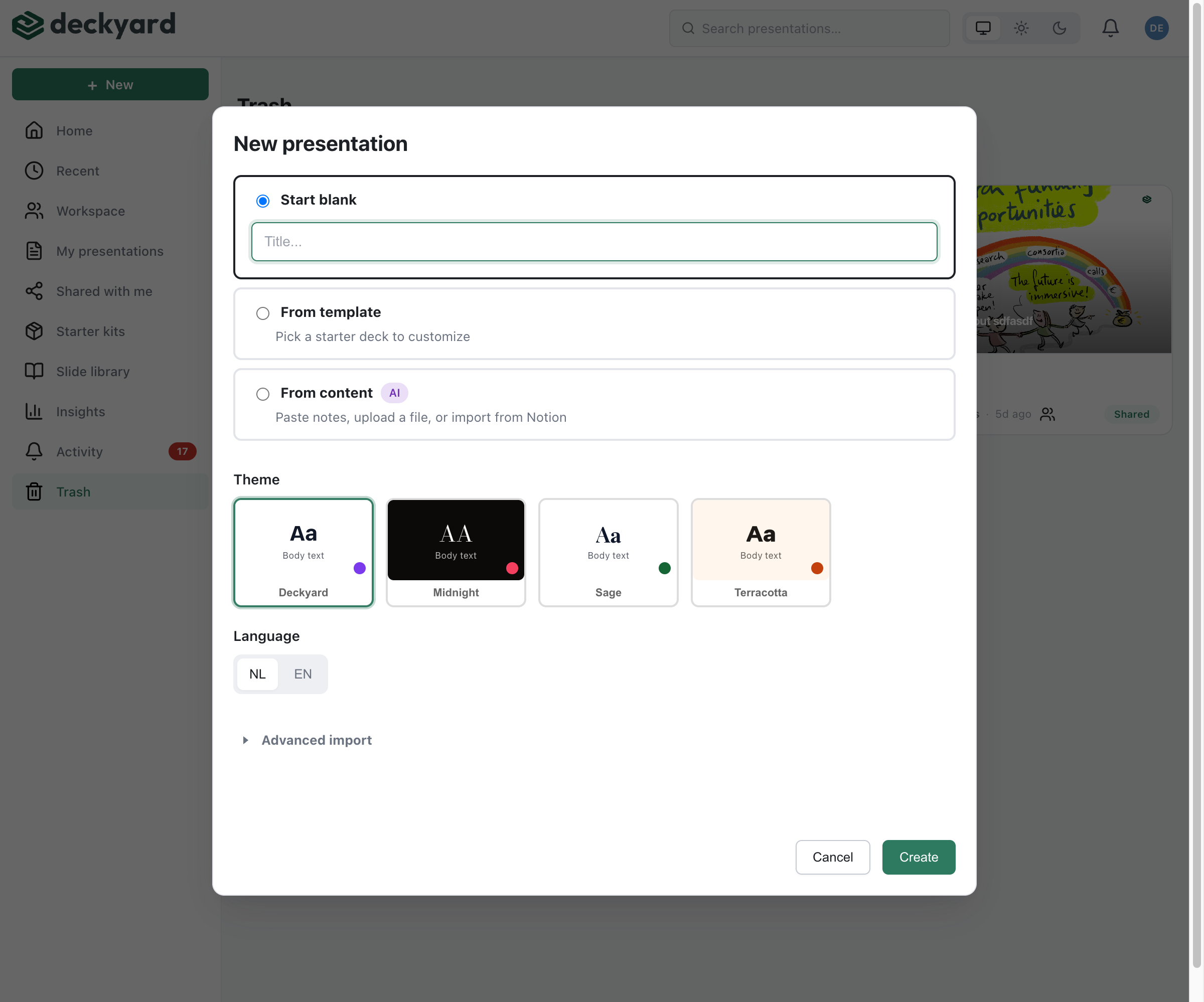New presentation dialog showing creation options: start blank, from template, or from content with AI