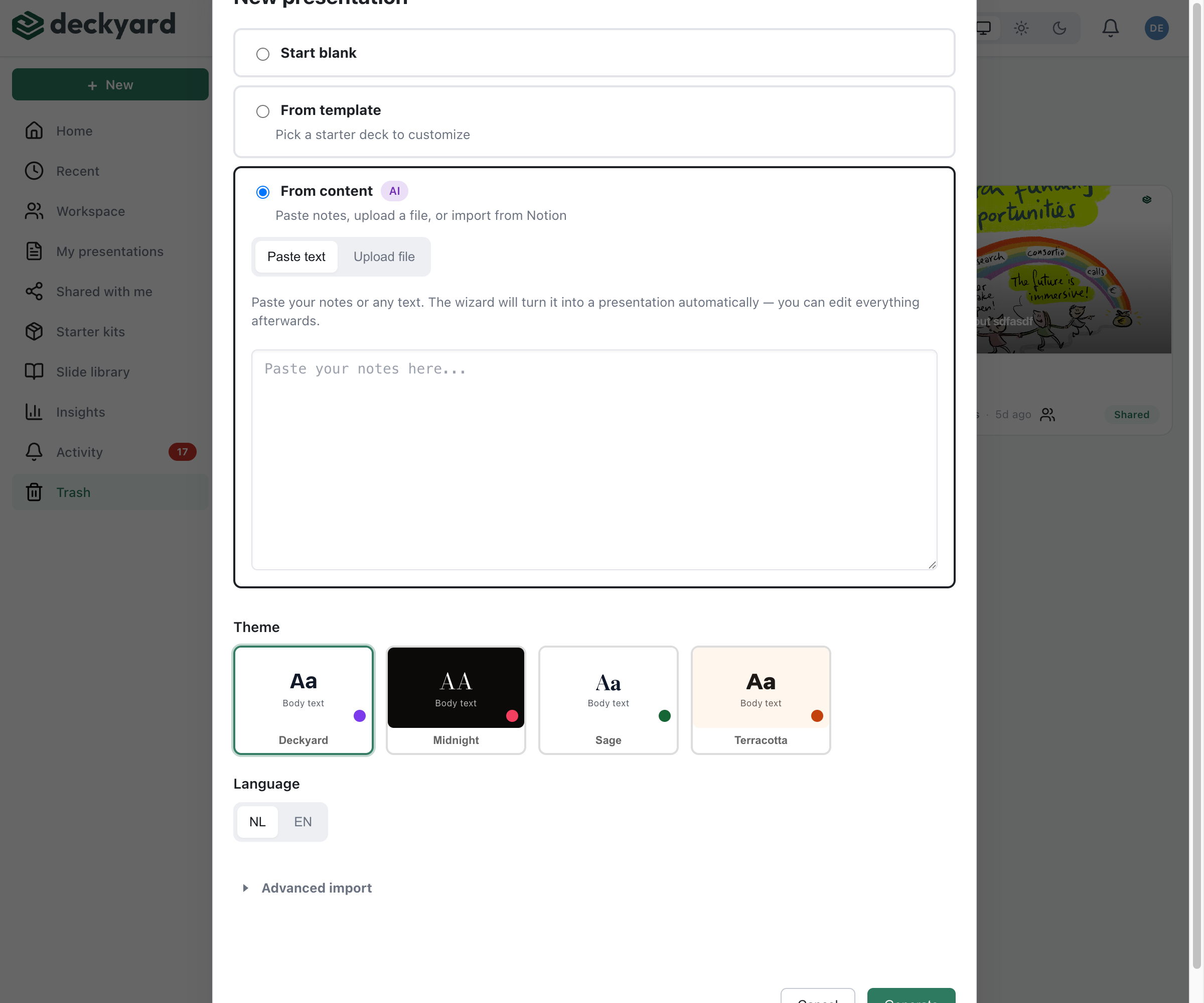 New presentation dialog with From content option selected, showing Paste text and Upload file tabs with theme and language selection