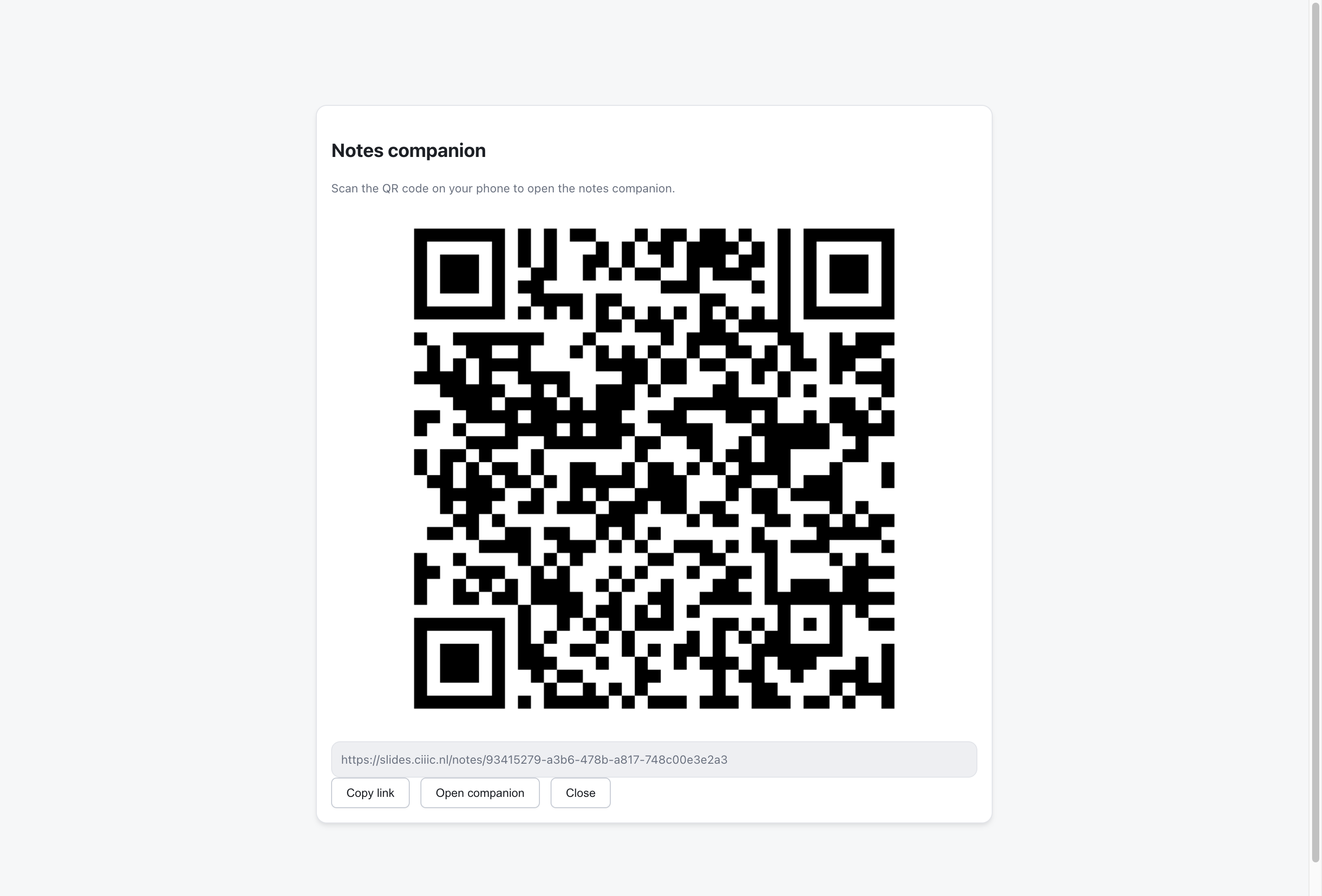 Notes companion QR code dialog