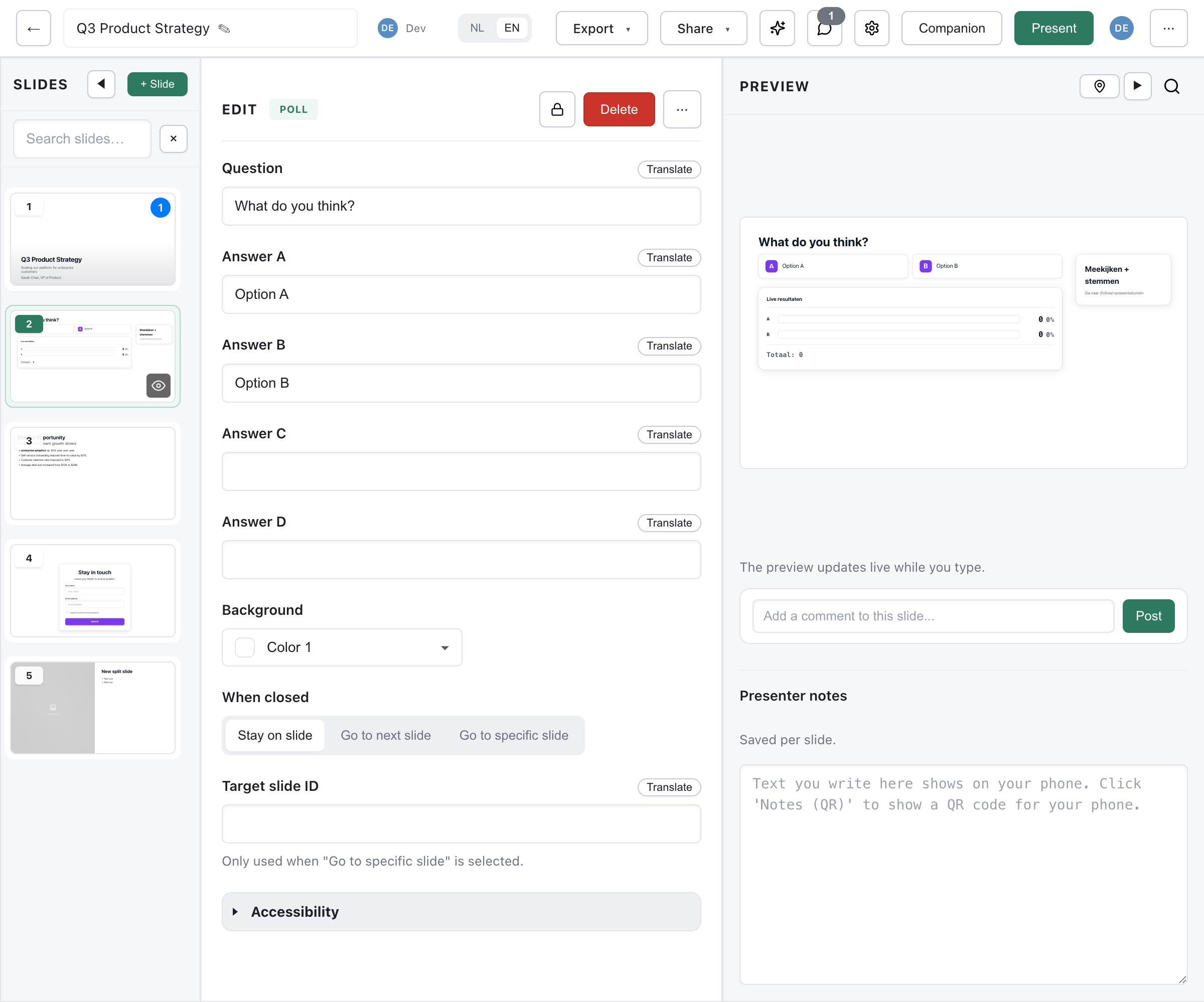Poll slide editor with question and answer options