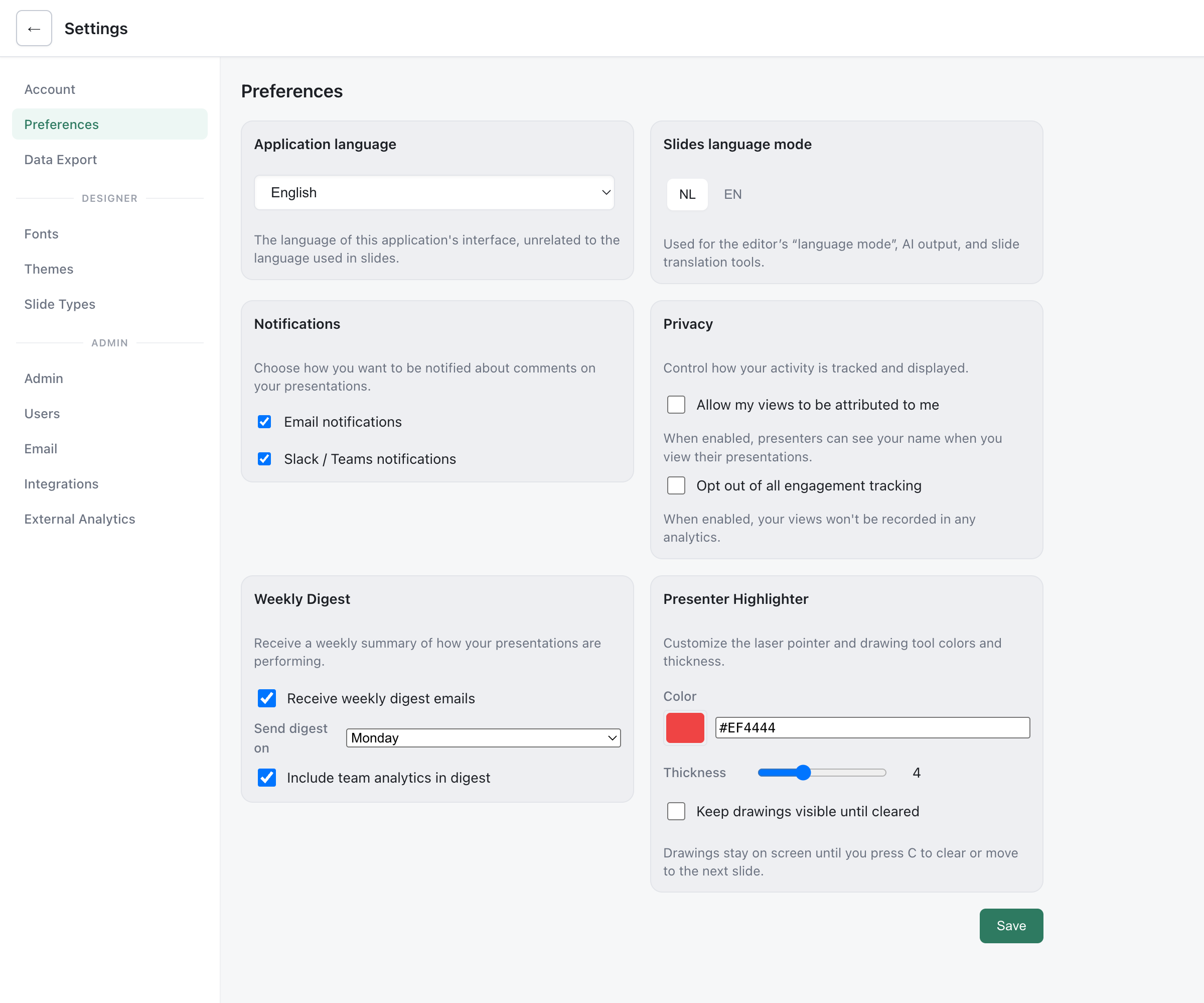 Preferences settings showing Application language dropdown with 12 languages, Slides language mode toggle, and notification options
